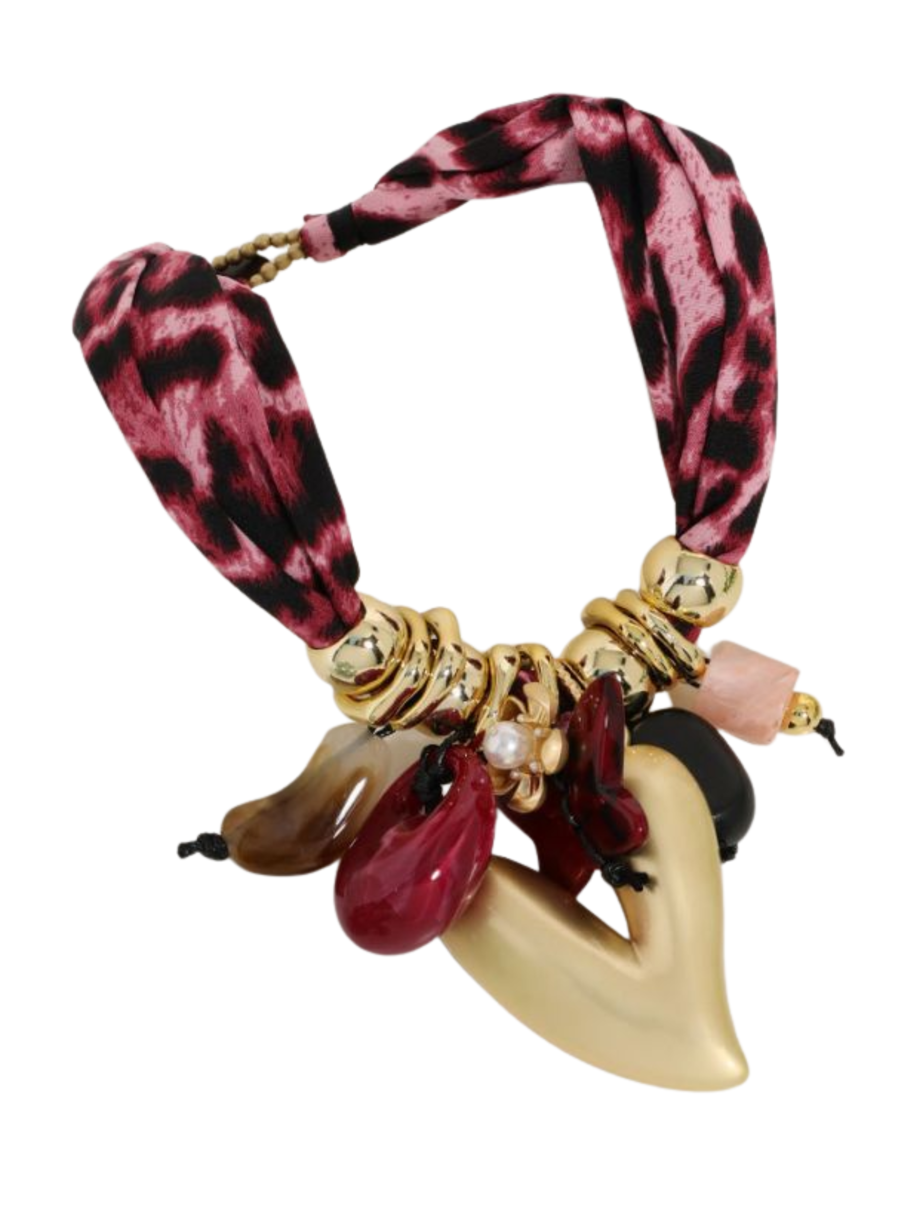PCHA NEK557 Wine Leopard Necklace with wine leopard-print fabric band, gold heart pendant and mixed statement charms, perfect for bold occasionwear and chic winter styling.