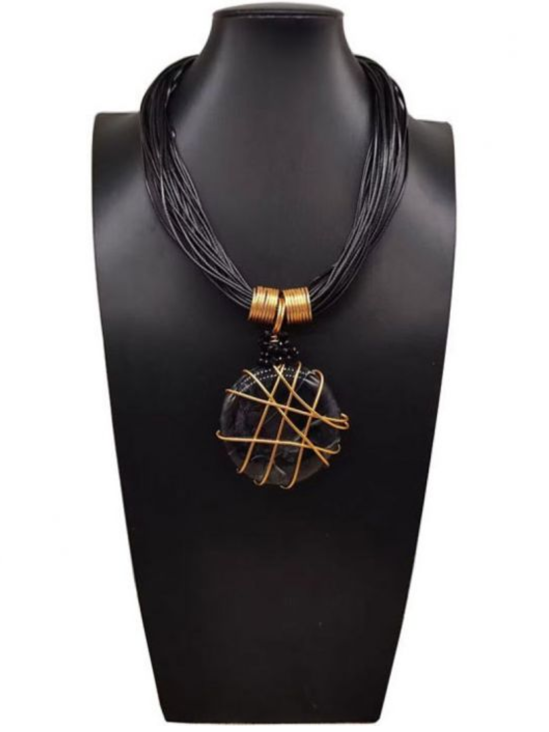 PCHA NEK569 Black Necklace with multi-strand black cords and a gold-wrapped pendant, also available in brown, designed as a bold boho statement accessory for chic day and evening styling.