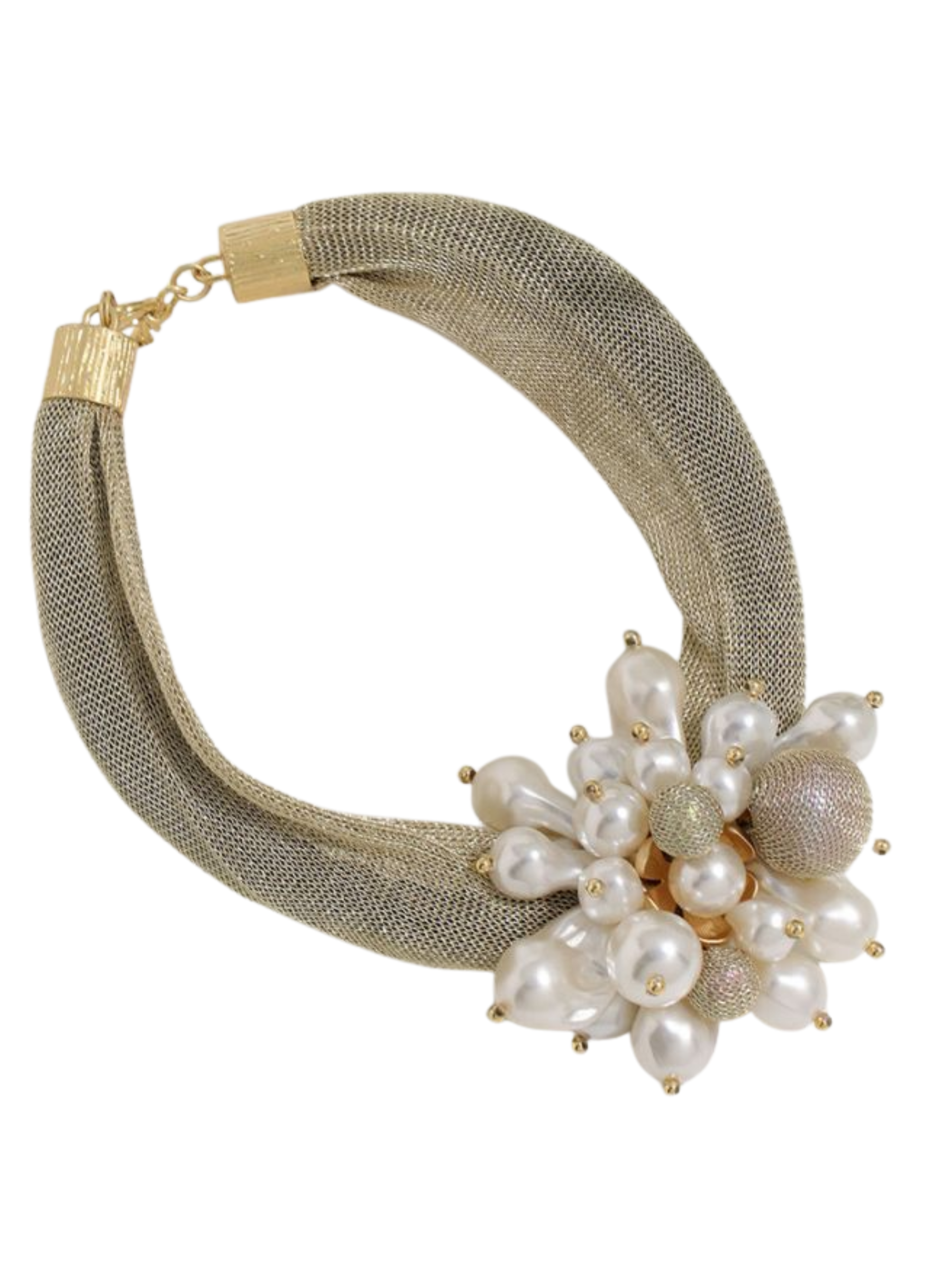 Gold mesh choker with oversized faux-pearl floral cluster, luxury statement necklace for weddings, races, cruises and special occasions.