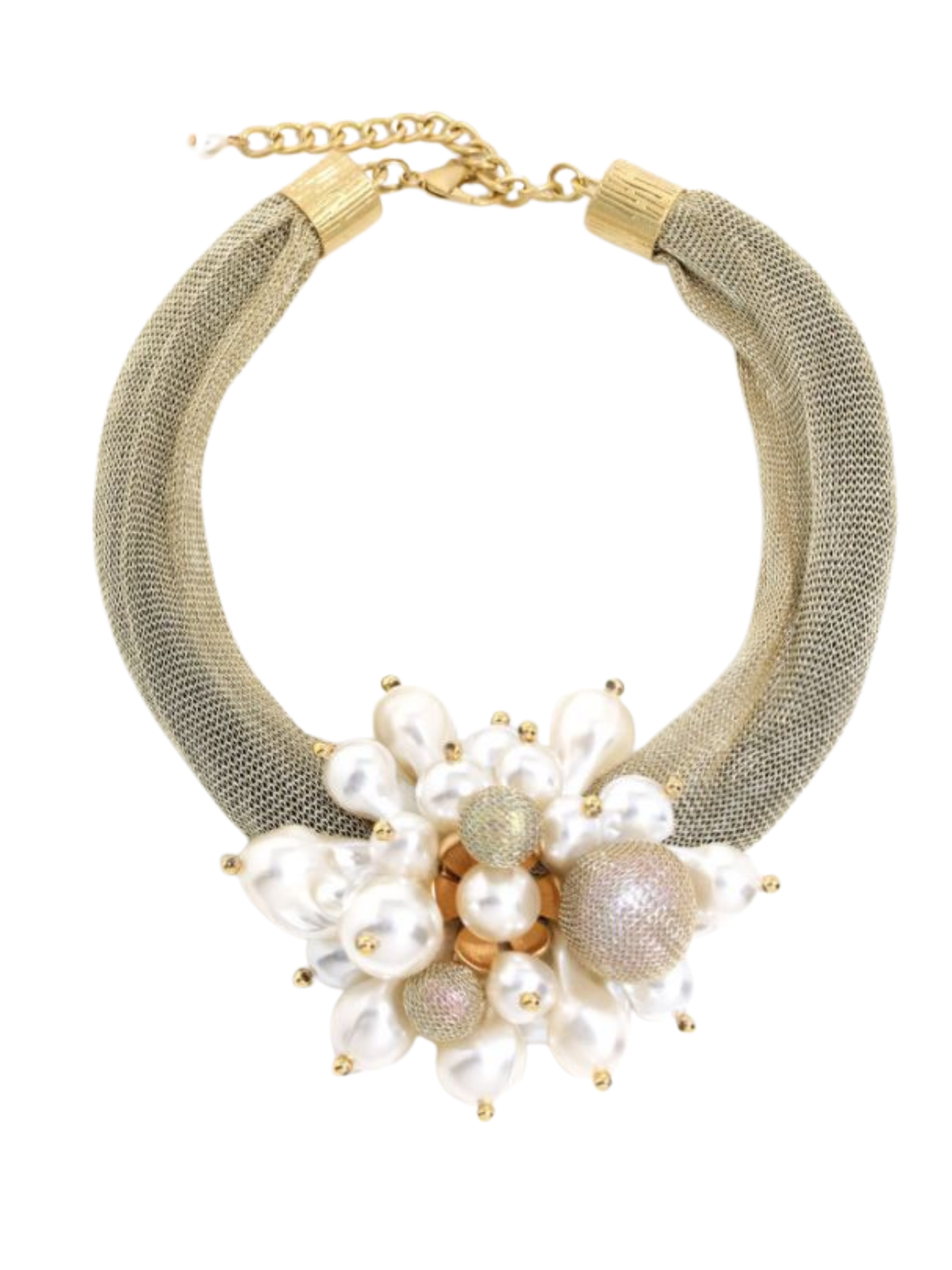 Gold mesh choker with oversized faux-pearl floral cluster, luxury statement necklace for weddings, races, cruises and special occasions.