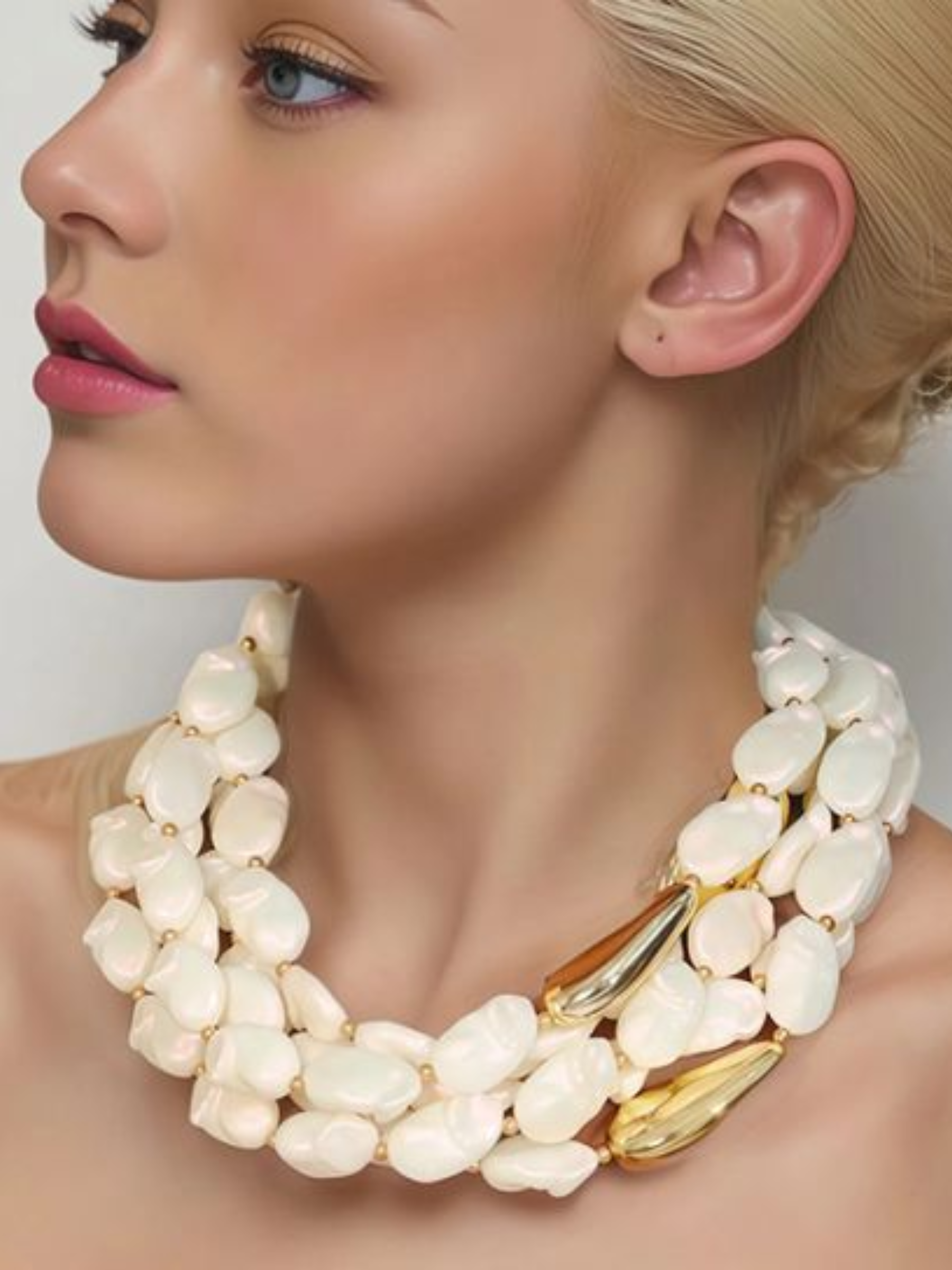 PCHA NEK617 Triple Row Pearlescent Beaded Necklace with layered bead design, mixed bead shapes and clasp fastening