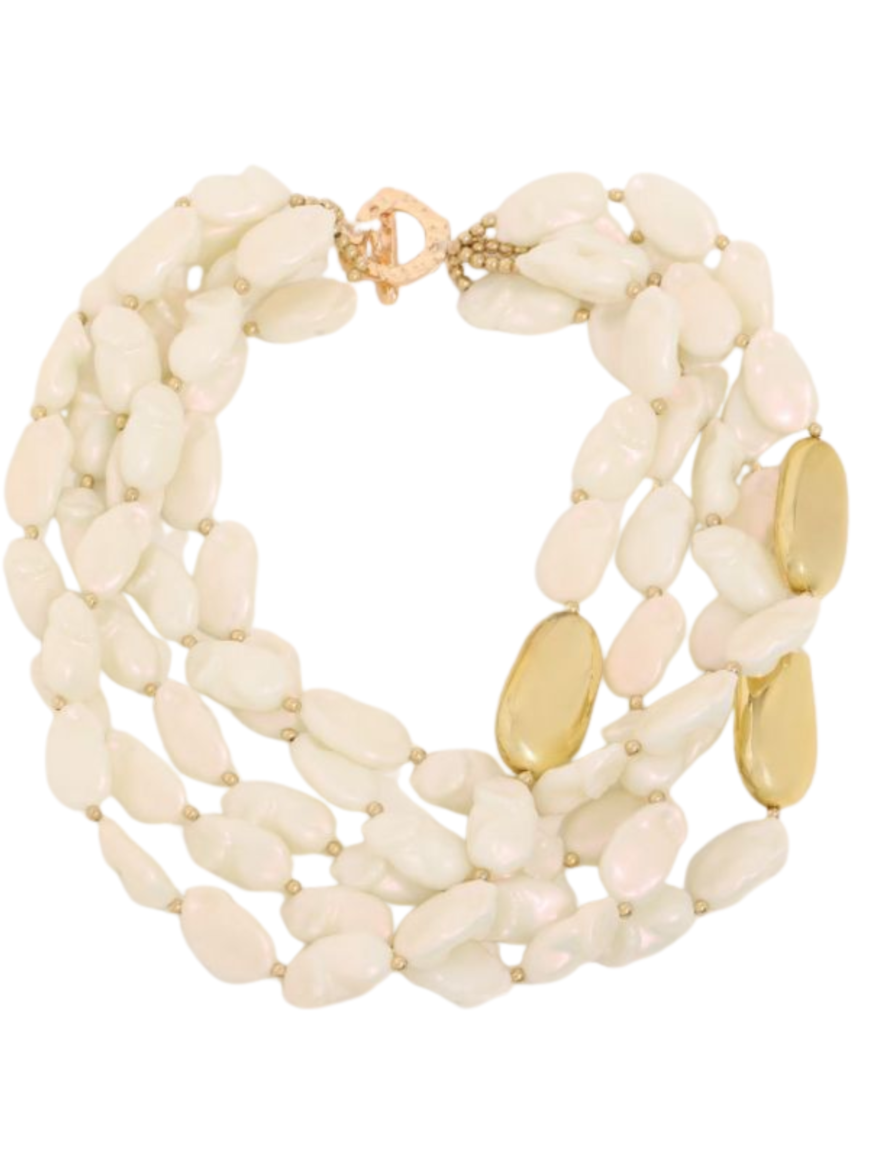 PCHA NEK617 Triple Row Pearlescent Beaded Necklace with layered bead design, mixed bead shapes and clasp fastening