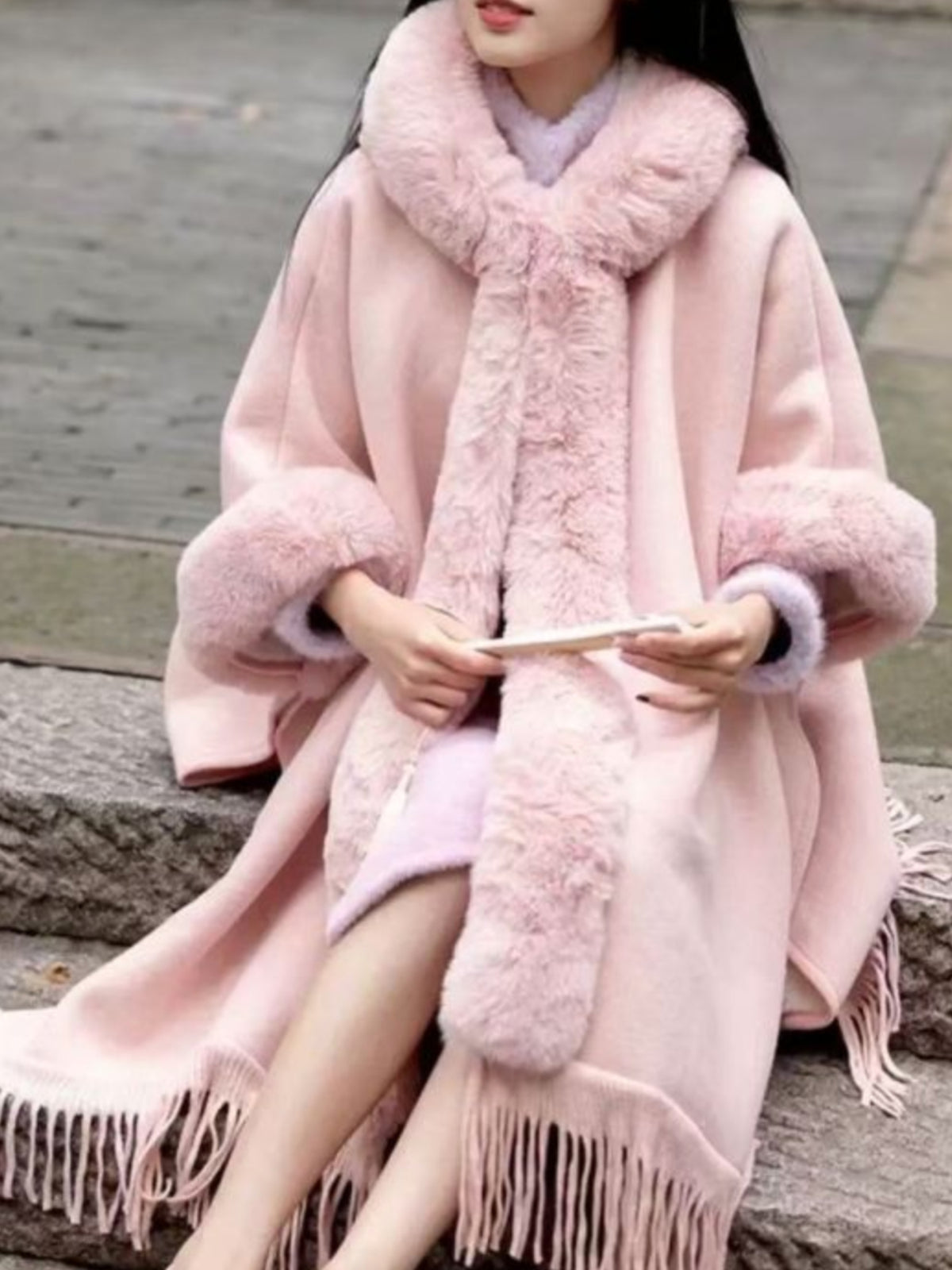 PCHA PE950 Faux Fur Detailed Hooded Poncho Cape with hooded design, faux fur trim and tassel fringe hem.