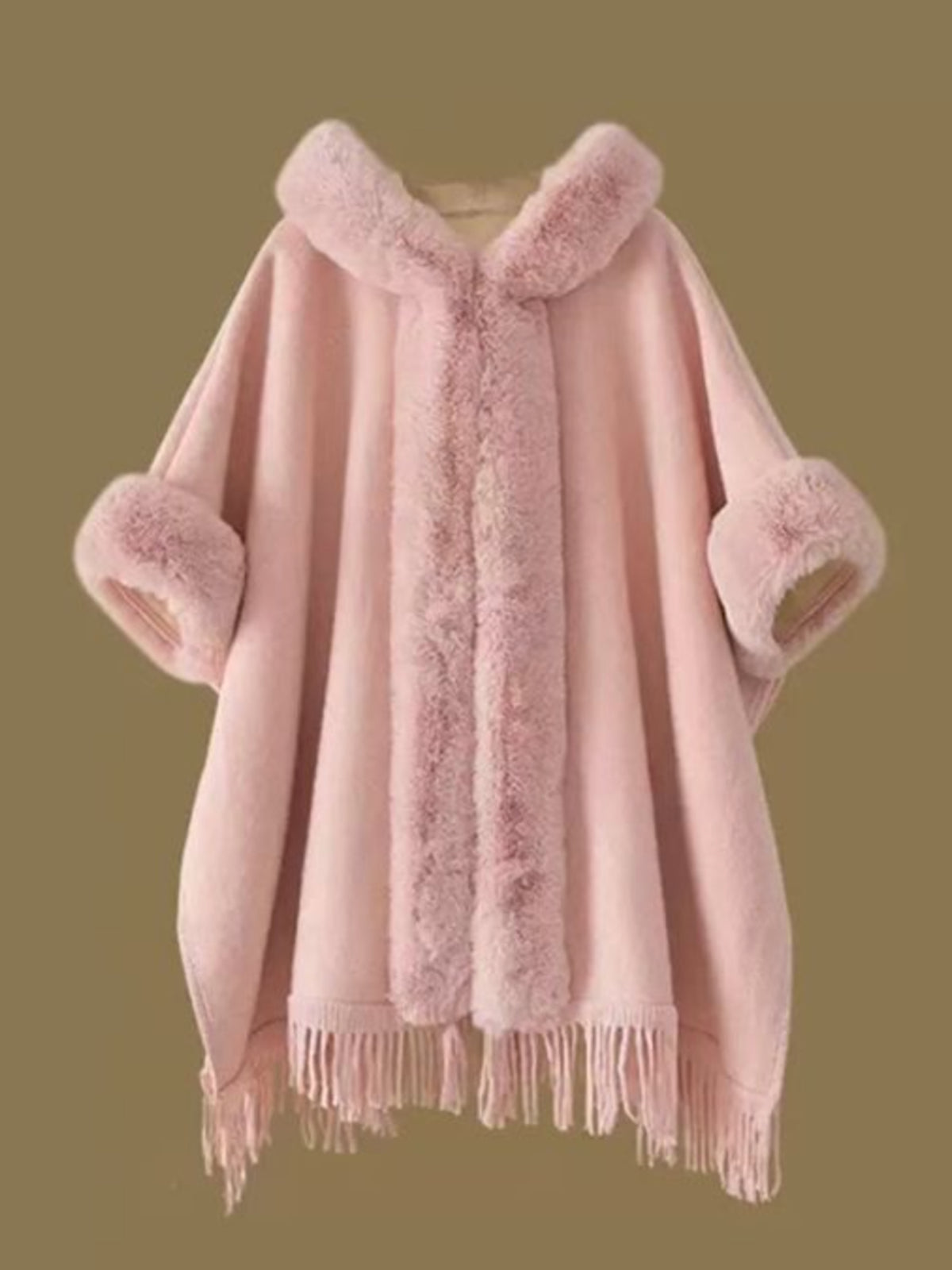 PCHA PE950 Faux Fur Detailed Hooded Poncho Cape with hooded design, faux fur trim and tassel fringe hem.