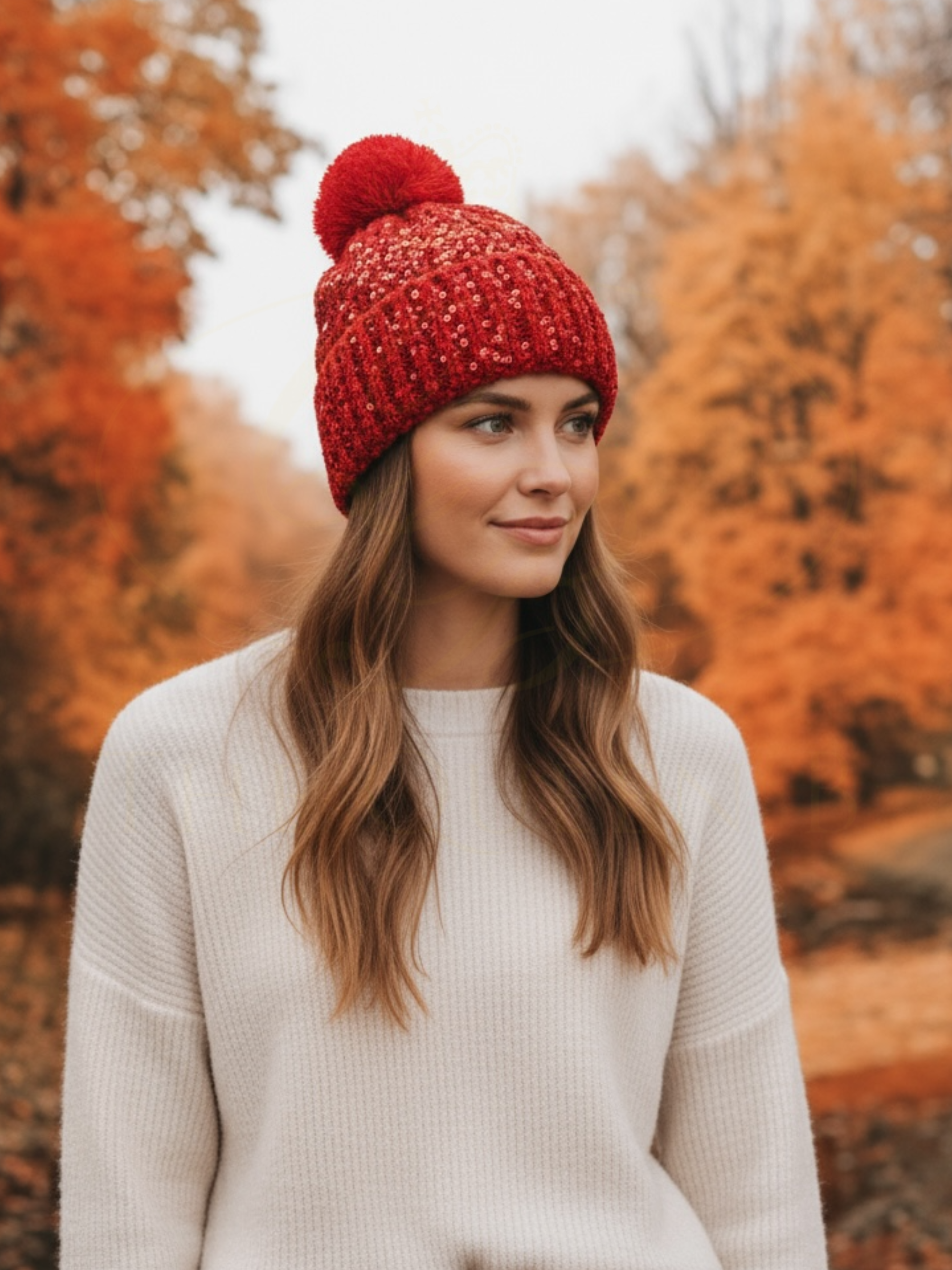 PCHA SD117 Red Sequin Pompom Hat – red sequin-embellished knit hat with faux fur pompom, also available in black and cream. Perfect for winter and festive styling.