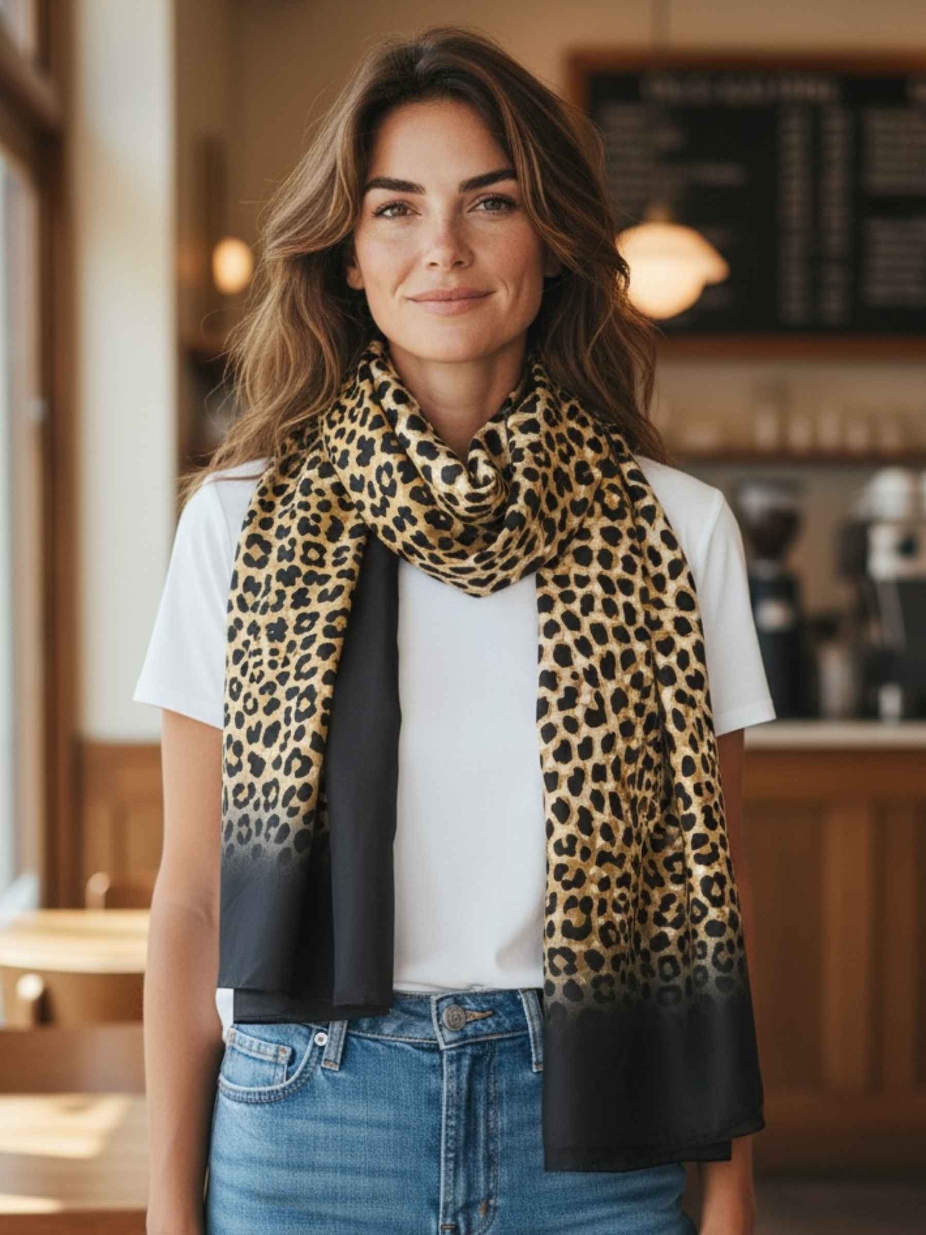 PCHA TT342 Black Leopard Print Scarf – stylish lightweight leopard print scarf with bold black border, perfect for chic everyday and autumn–winter styling.