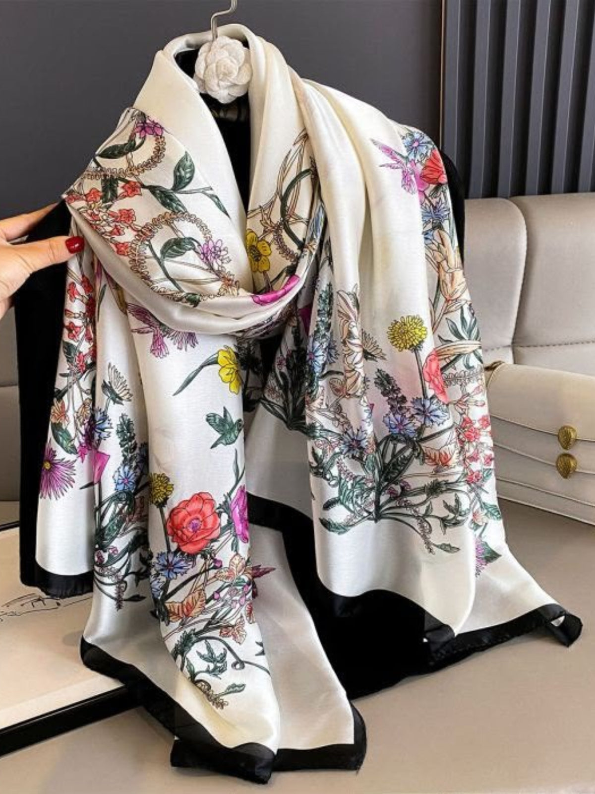 PCHA TT357 Spring Botanical Print Scarf with detailed floral and foliage motifs and contrasting border.