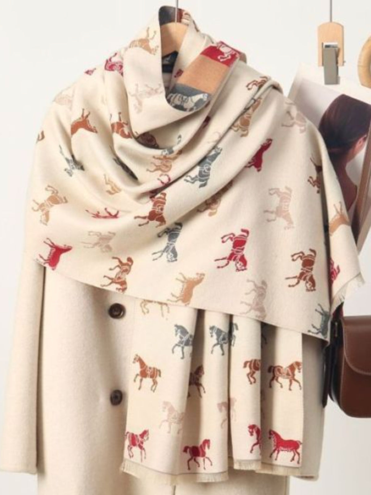 PCHA WS075 Horse Print Scarf with all-over horse motif, contrasting striped reverse and decorative border.