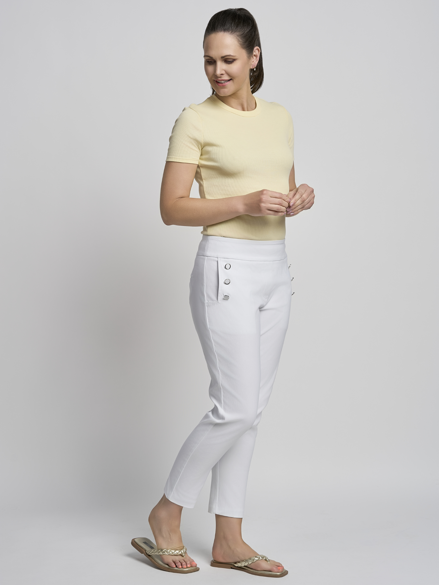 PINNS 579CT white ankle grazer trousers in figure sculpting bengaline with tummy control and side button detail.