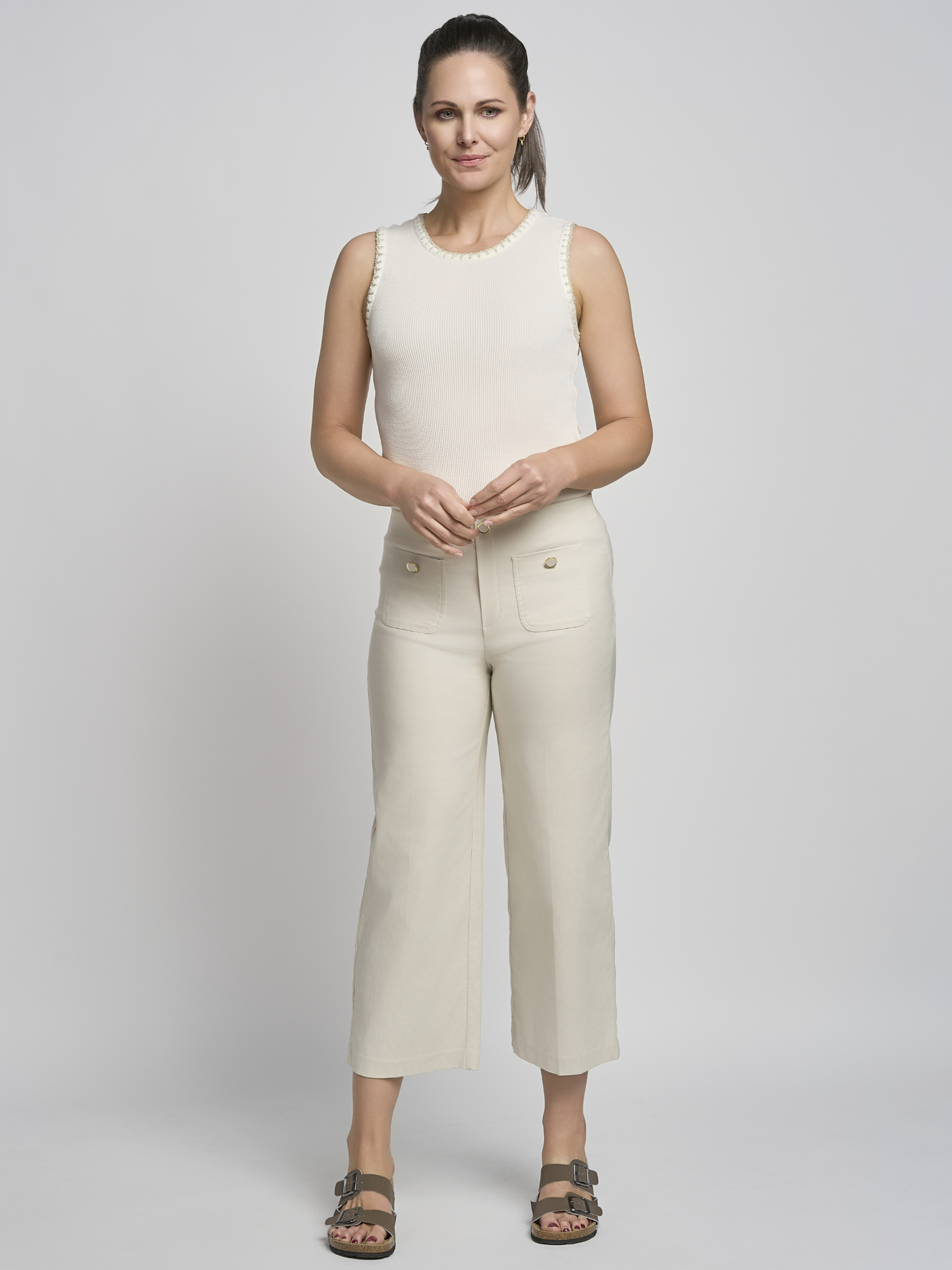 PINNS - 638C ECRU women’s wide leg culotte with button feature and cropped silhouette.