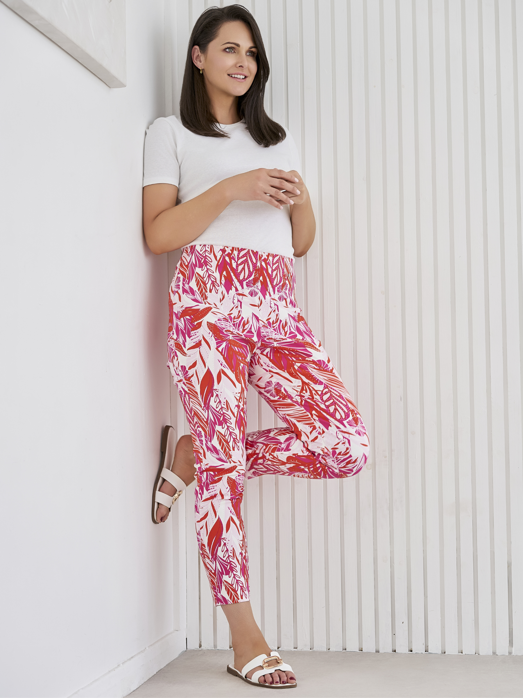PINNS 302CT tropical paradise slim leg bengaline ankle grazer trousers for women pink tropical print stretch trousers.