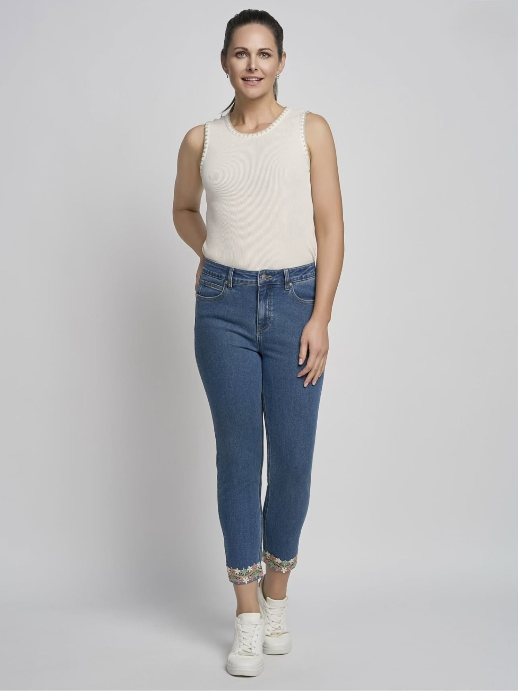 PINNS 581CT Mid Indigo Lace Trousers with slim fit, ankle grazer length and lace hem detail.