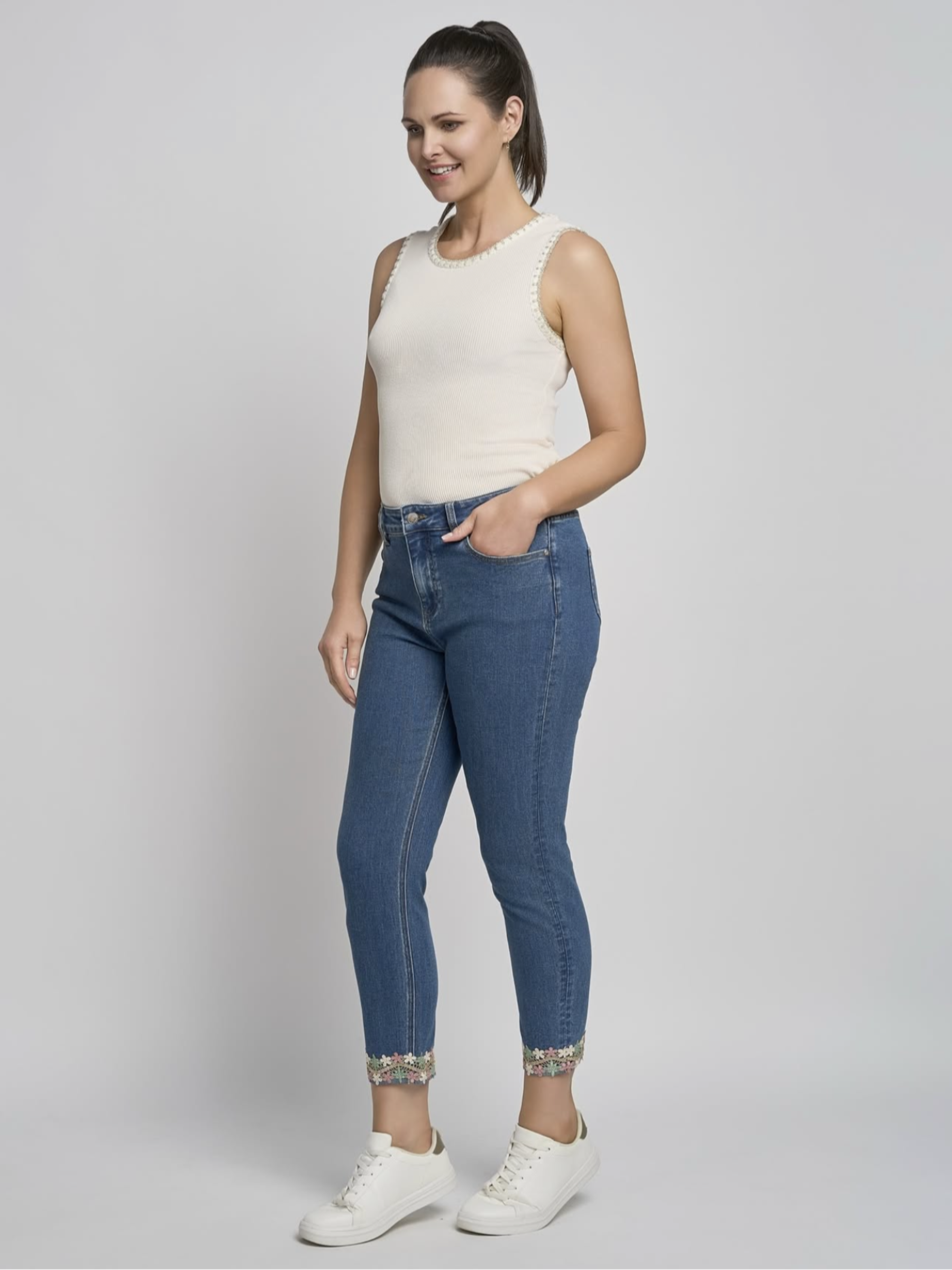 PINNS 581CT Mid Indigo Lace Trousers with slim fit, ankle grazer length and lace hem detail.