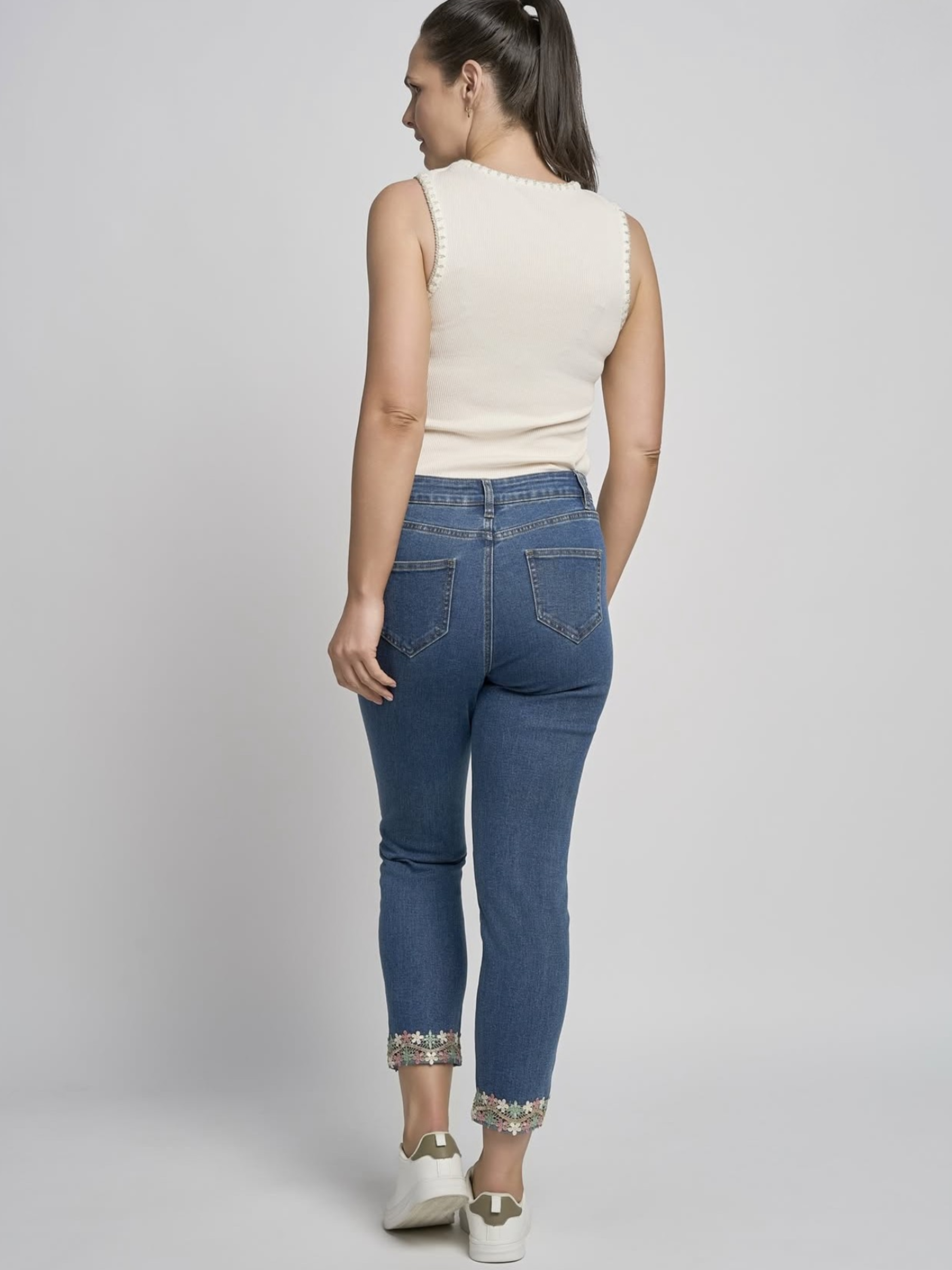 PINNS 581CT Mid Indigo Lace Trousers with slim fit, ankle grazer length and lace hem detail.