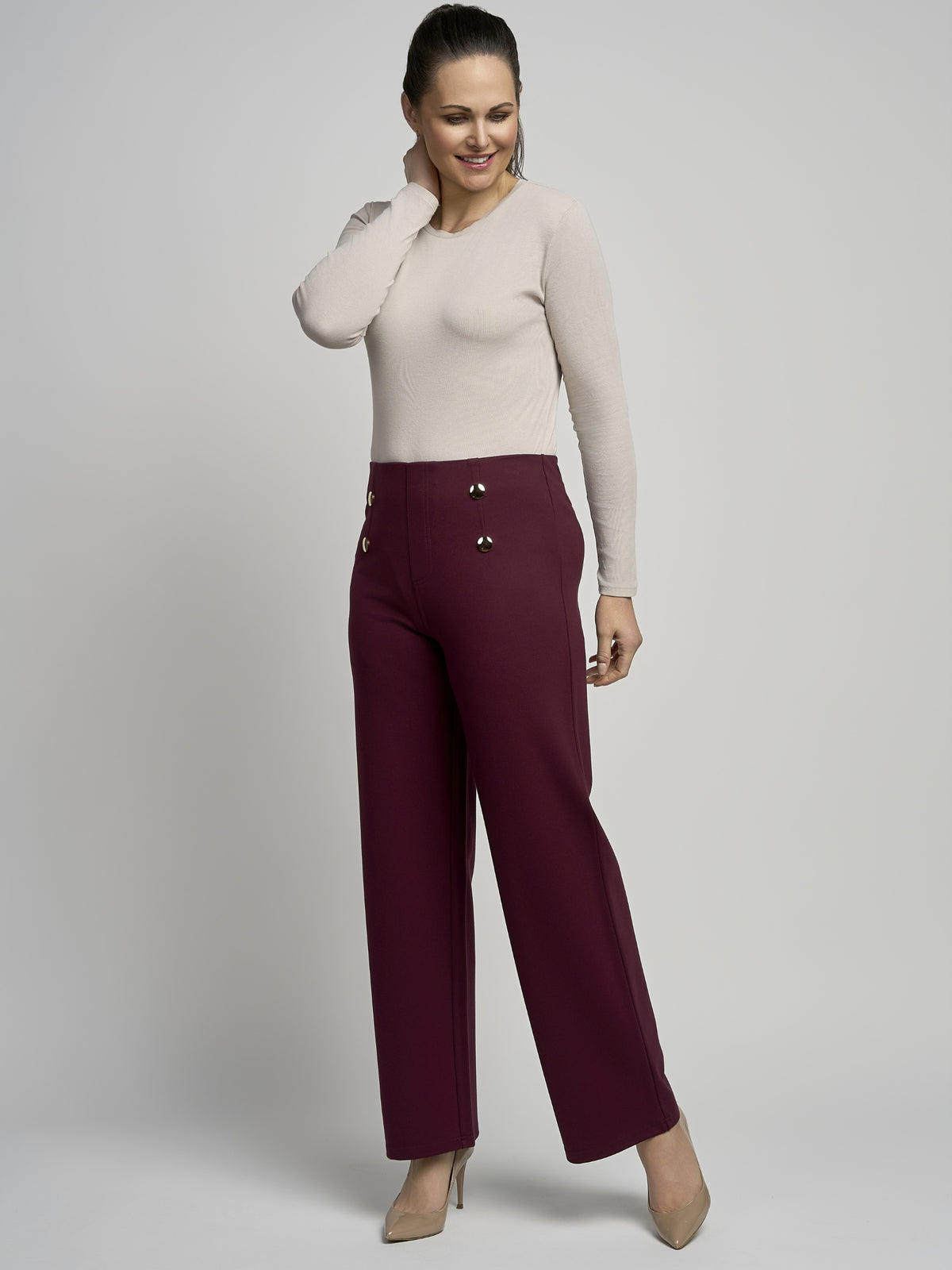 PINNS 610T Wide Leg Trousers with high-rise waist, decorative front buttons and full-length wide leg silhouette.