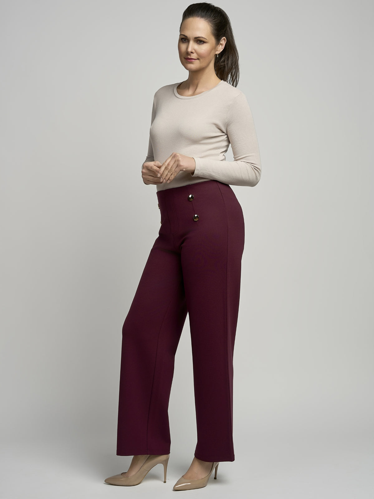 PINNS 610T Wide Leg Trousers with high-rise waist, decorative front buttons and full-length wide leg silhouette.