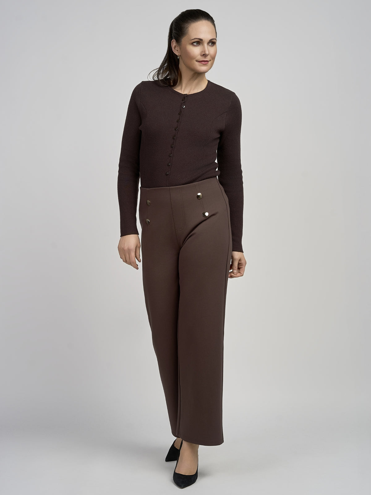 PINNS 610T Wide Leg Trousers with high-rise waist, decorative front buttons and full-length wide leg silhouette.