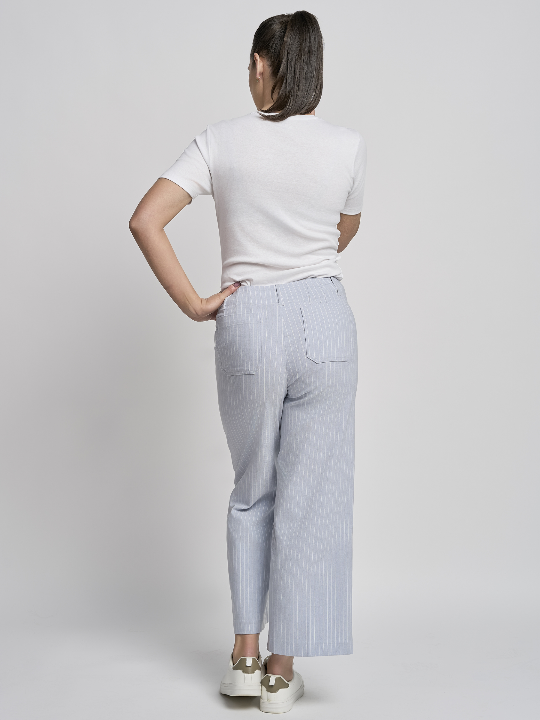 PINNS 640C Light Denim / White Stripe Wide Leg Culottes with high-rise waistband, wide cropped leg and fine white stripe detailing.