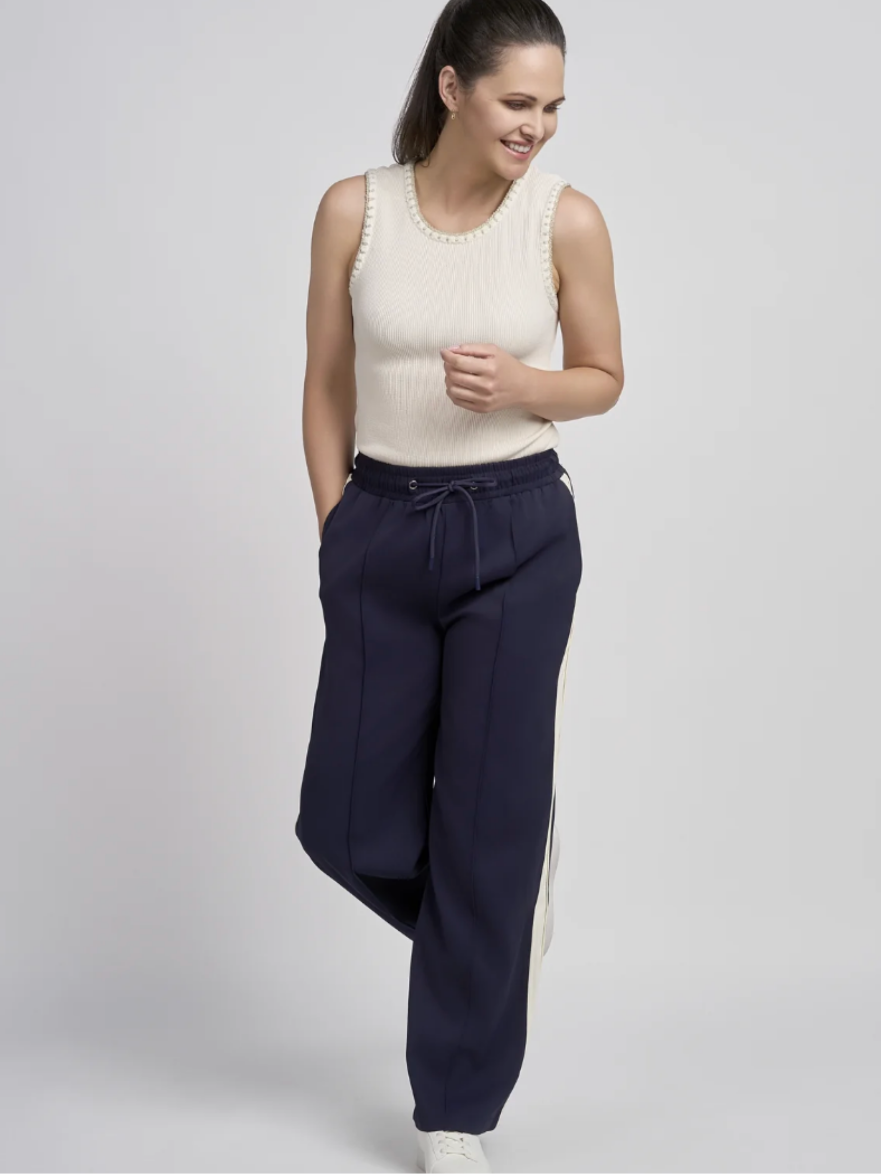 PINNS 643T Side Tape Wide Leg Trouser with contrast side tape, elasticated drawstring waist, side pockets and wide leg fit.