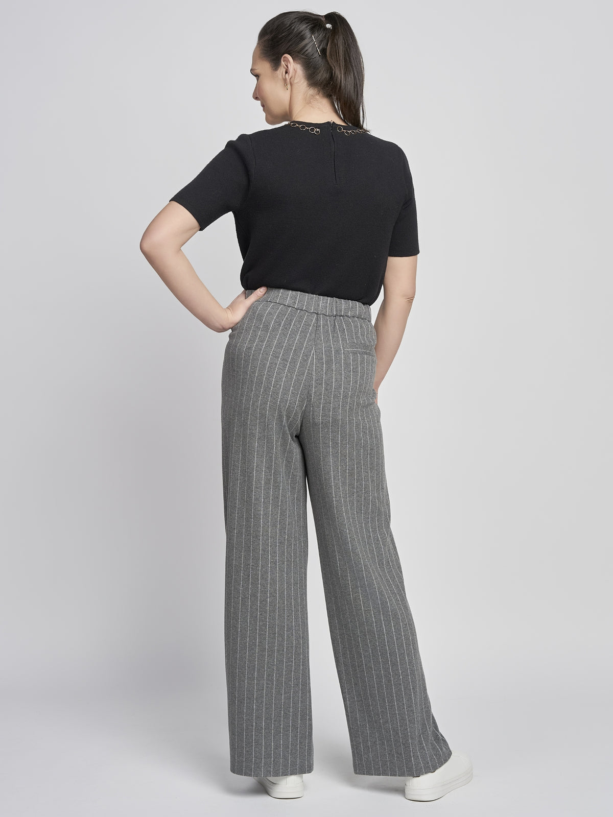 PINNS 697T Grey Stripe Wide Leg trousers with pinstripe pattern, structured waistband and full-length wide leg silhouette.