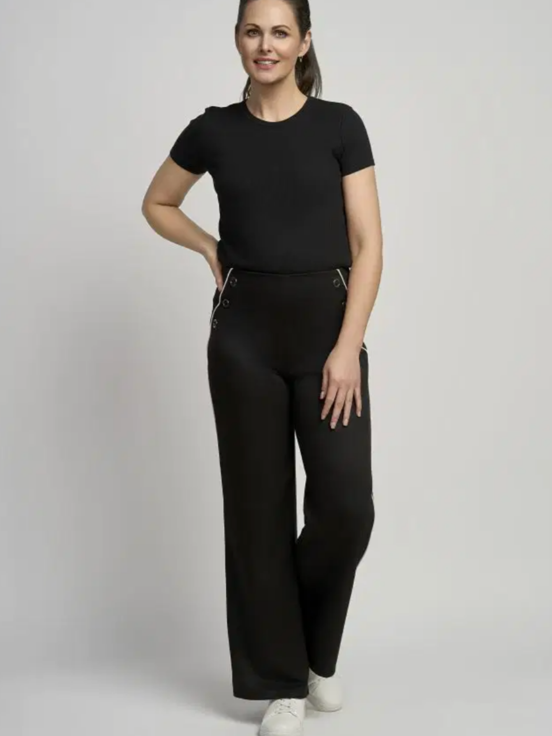 PINNS 778T super soft wide leg trousers with contrast piping detail, eyelet trim and a flattering wide leg fit.