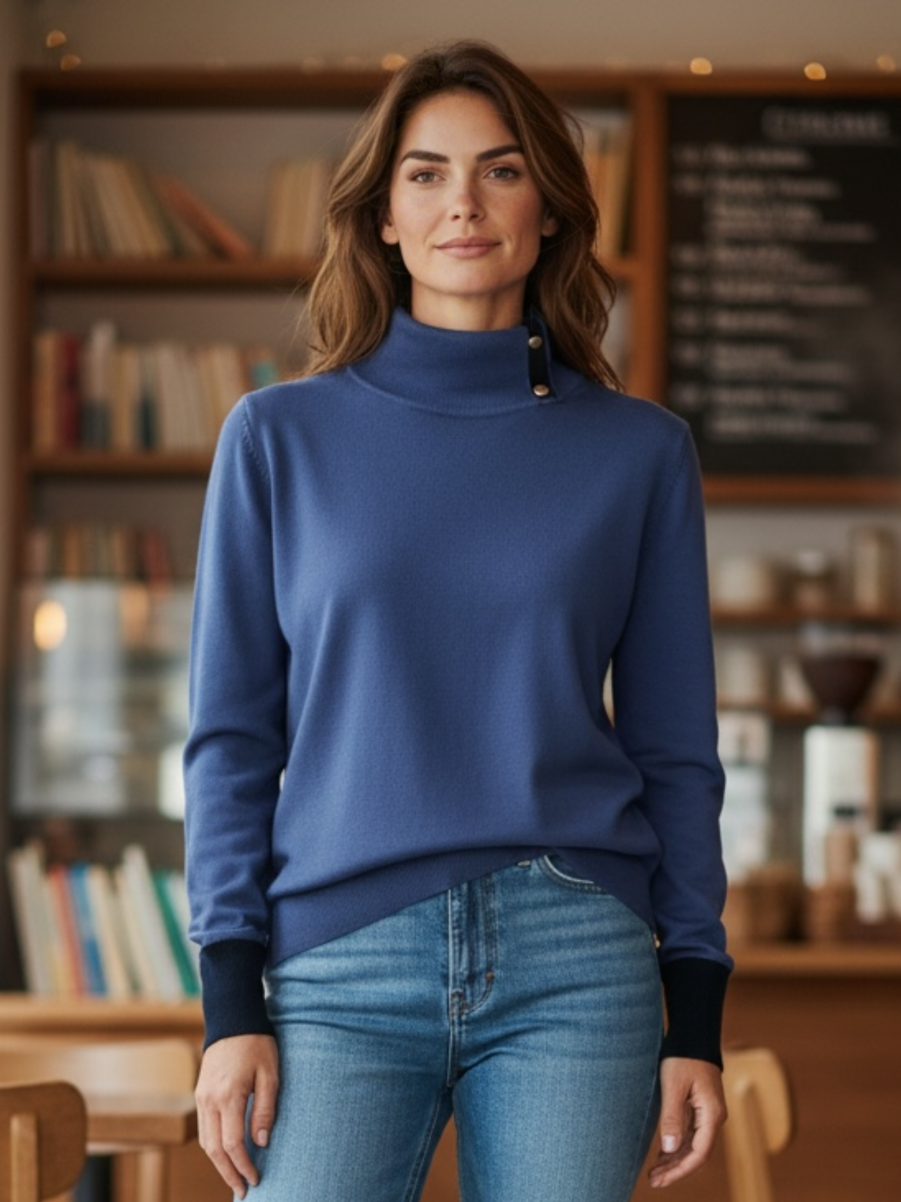 Paramour 9038 Blue/Navy women’s contrast cuff and collar jumper, blue knitwear with navy accents for stylish winter outfits.