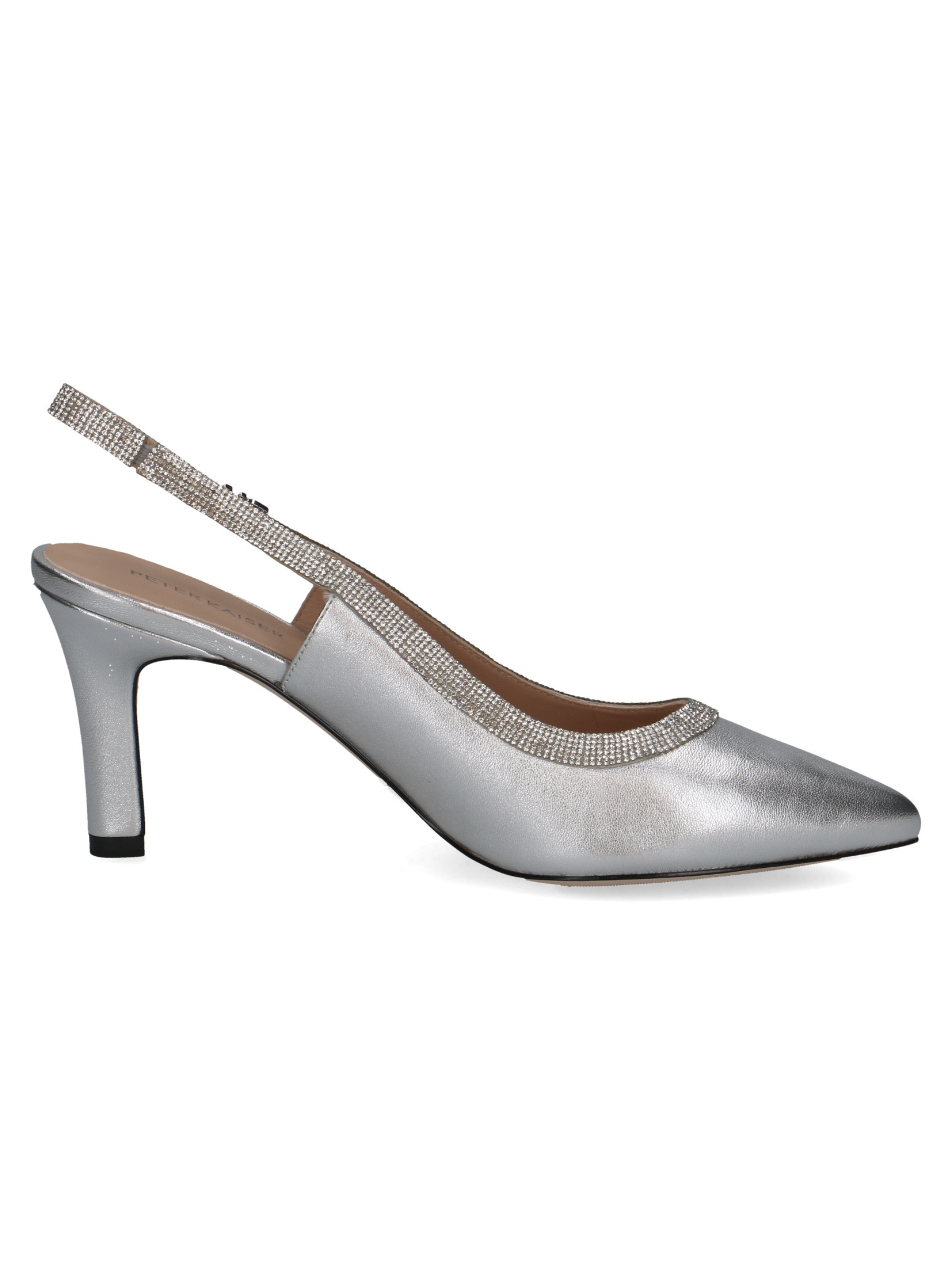 Peter Kaiser 79641 941 silver leather women’s slingback heels with pointed toe, crystal trim and 78mm stiletto heel