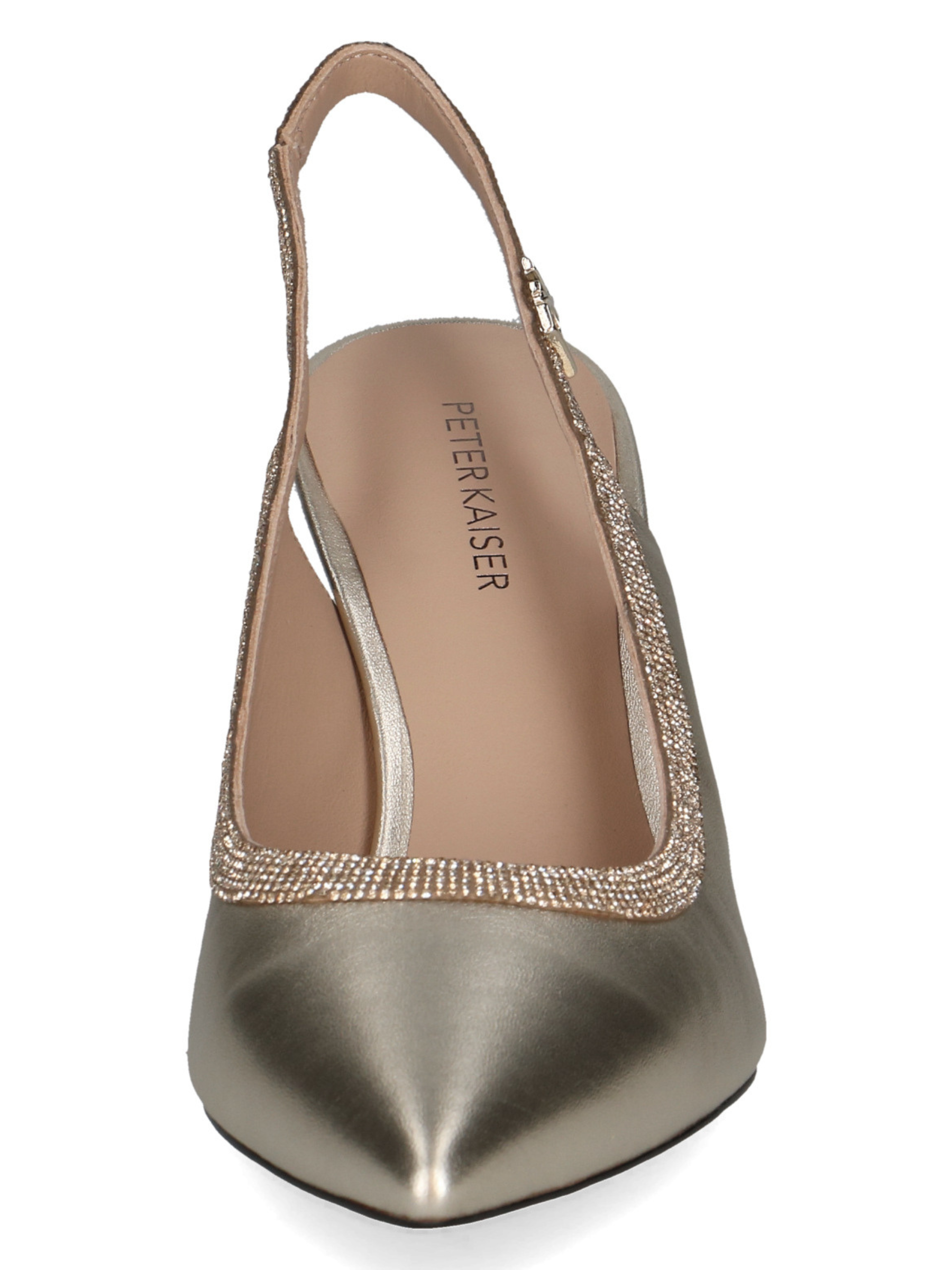 Peter Kaiser 79641 947 gold leather women’s slingback heels with pointed toe, crystal trim and 78mm stiletto heel.