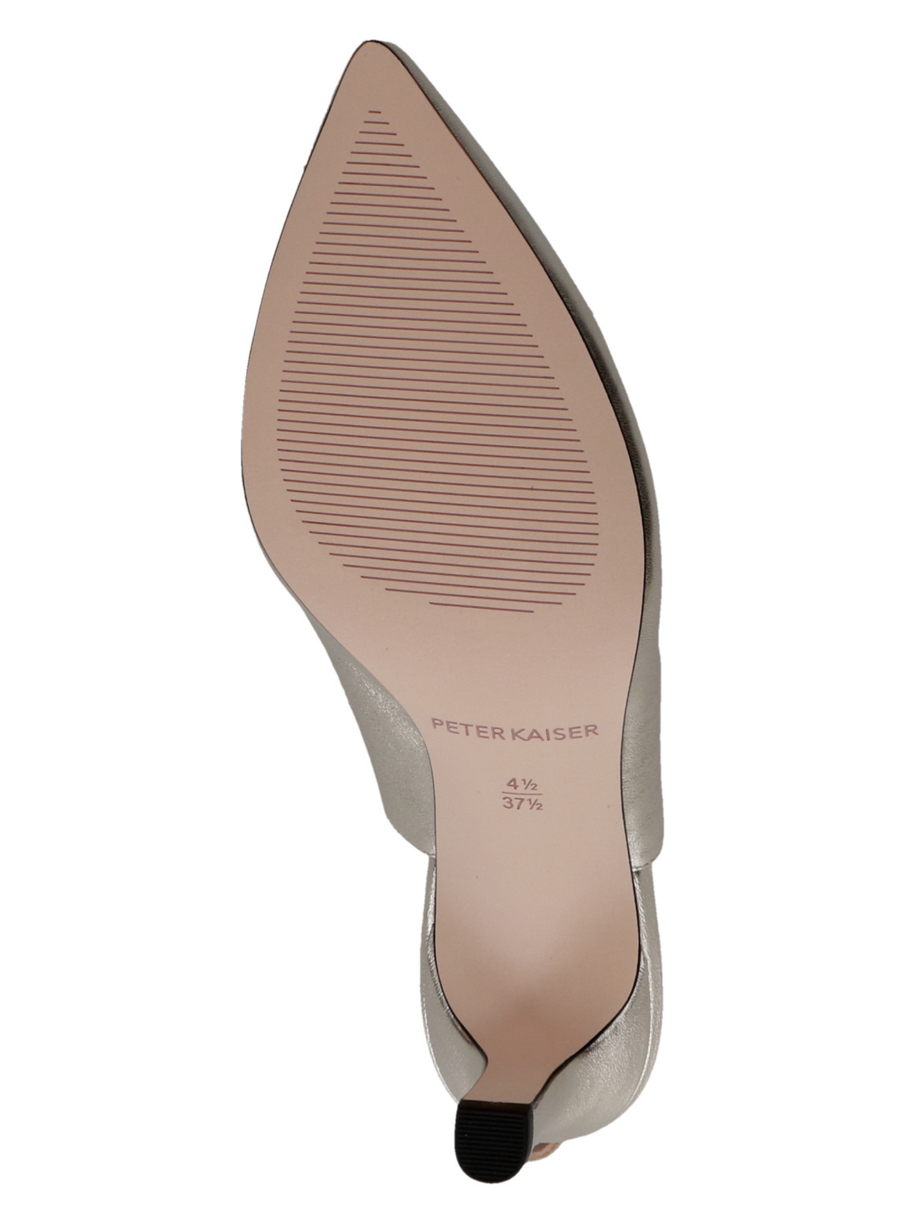 Peter Kaiser 79641 947 gold leather women’s slingback heels with pointed toe, crystal trim and 78mm stiletto heel.