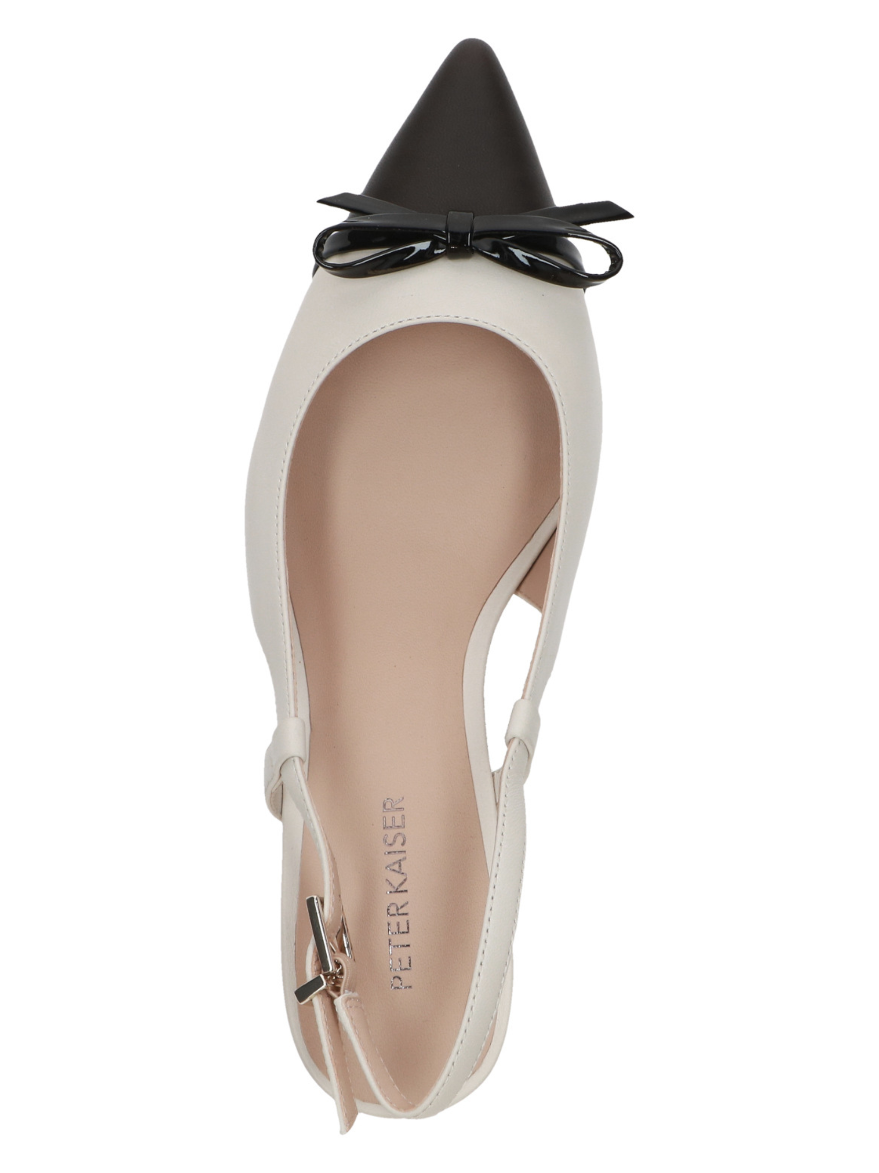 Peter Kaiser 79609 153 off white and brown leather women’s slingback heels with pointed toe, bow detail and 60mm stiletto heel.