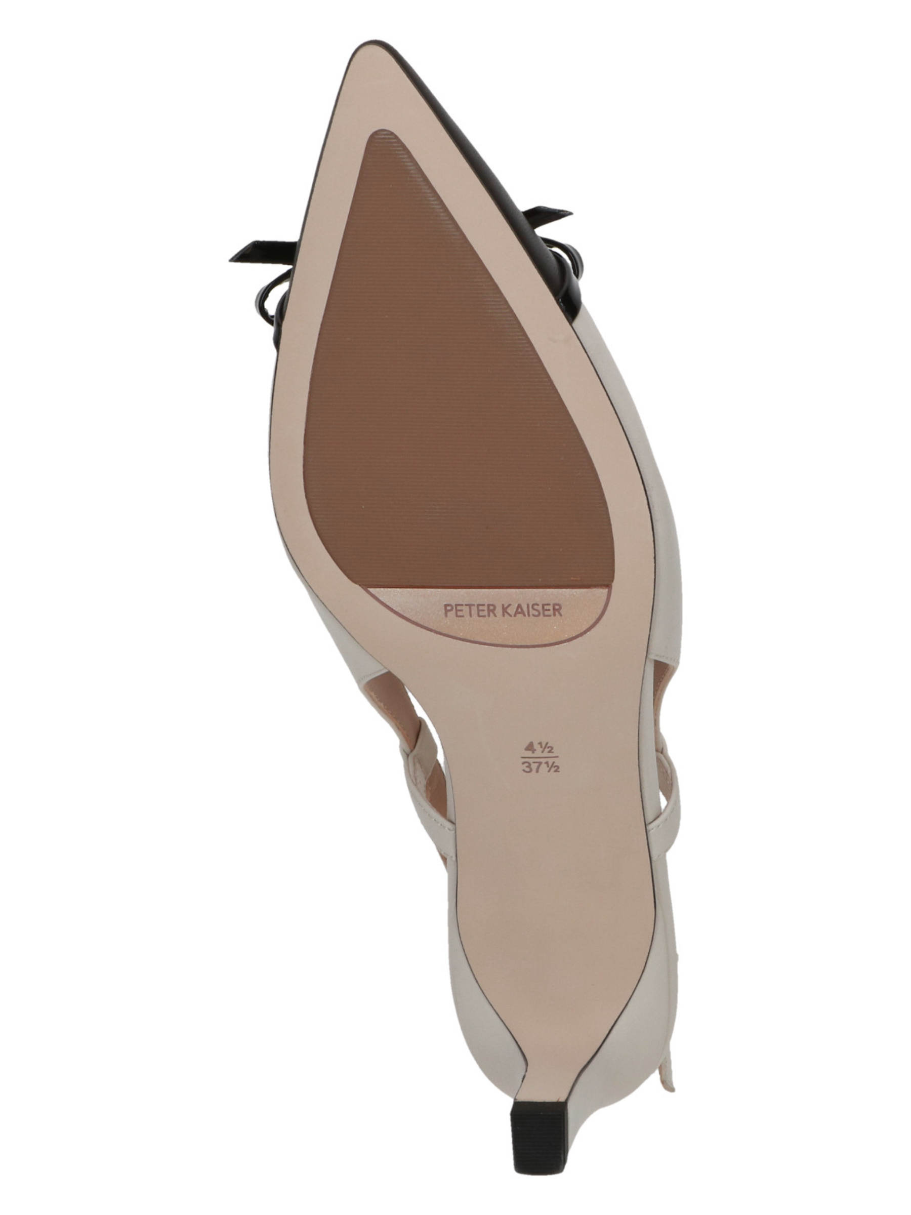 Peter Kaiser 79609 153 off white and brown leather women’s slingback heels with pointed toe, bow detail and 60mm stiletto heel.