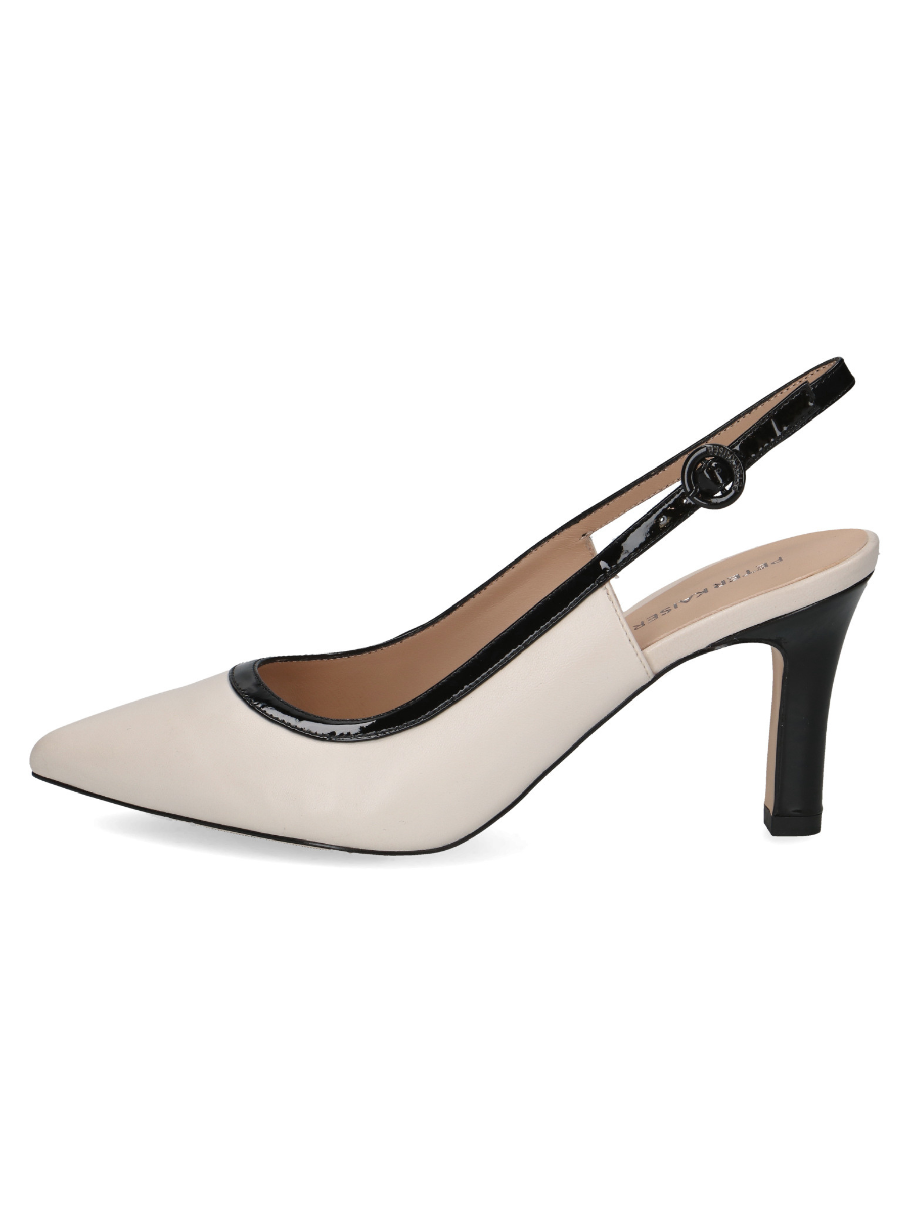 Peter Kaiser 79640 13D off white and black leather women’s slingback heels with pointed toe, buckle fastening and 78mm stiletto heel.