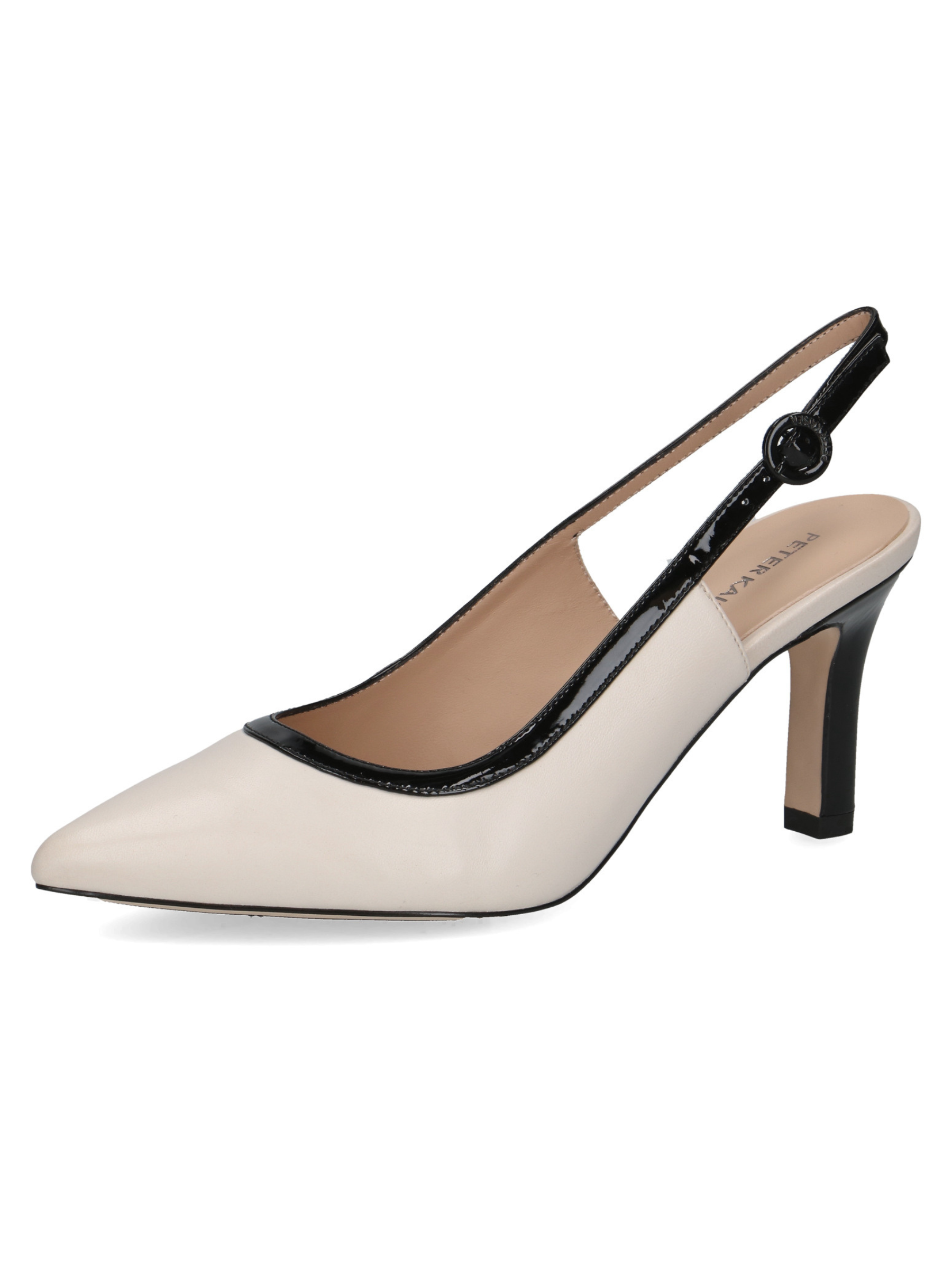 Peter Kaiser 79640 13D off white and black leather women’s slingback heels with pointed toe, buckle fastening and 78mm stiletto heel.