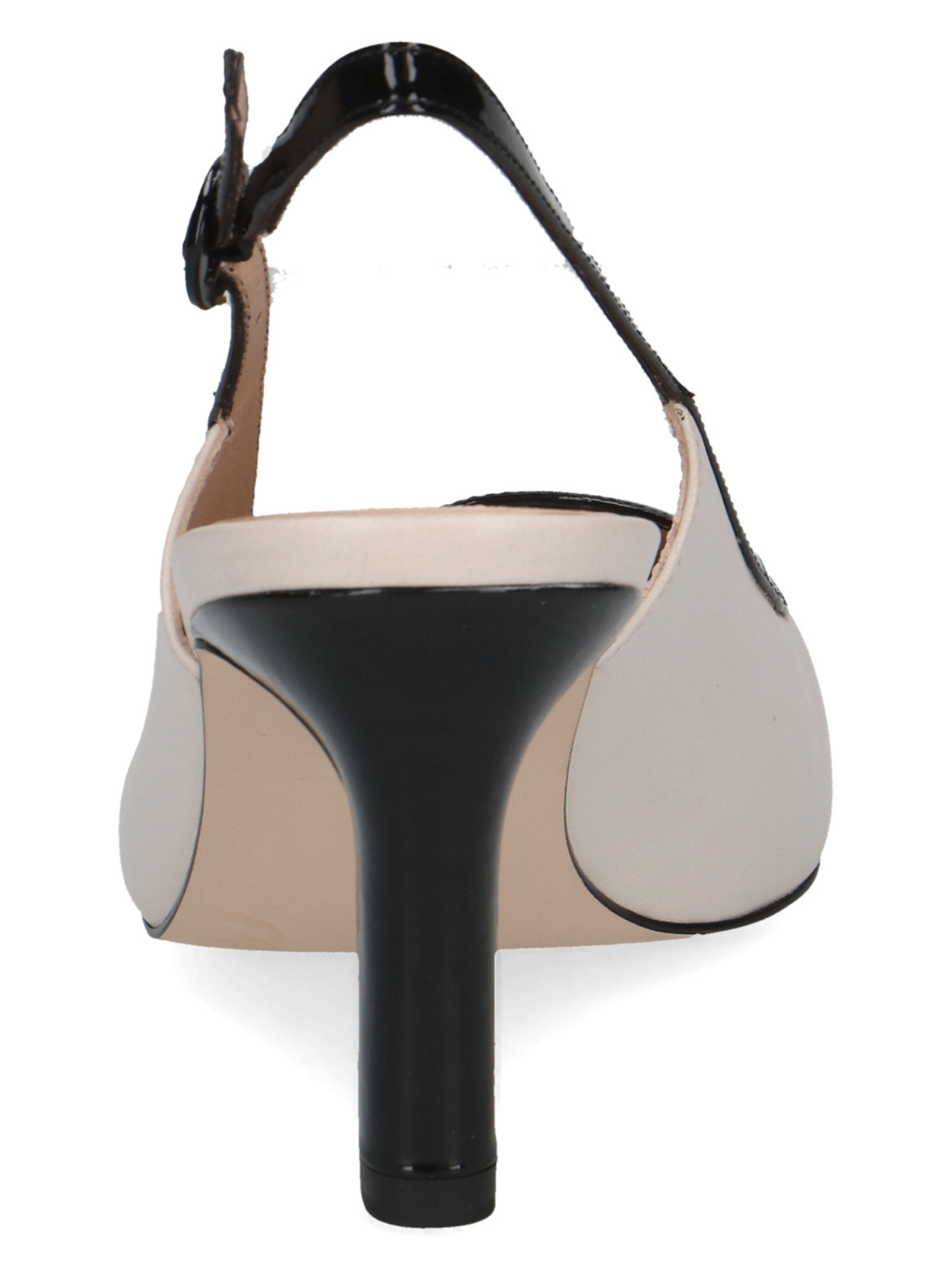 Peter Kaiser 79640 13D off white and black leather women’s slingback heels with pointed toe, buckle fastening and 78mm stiletto heel.