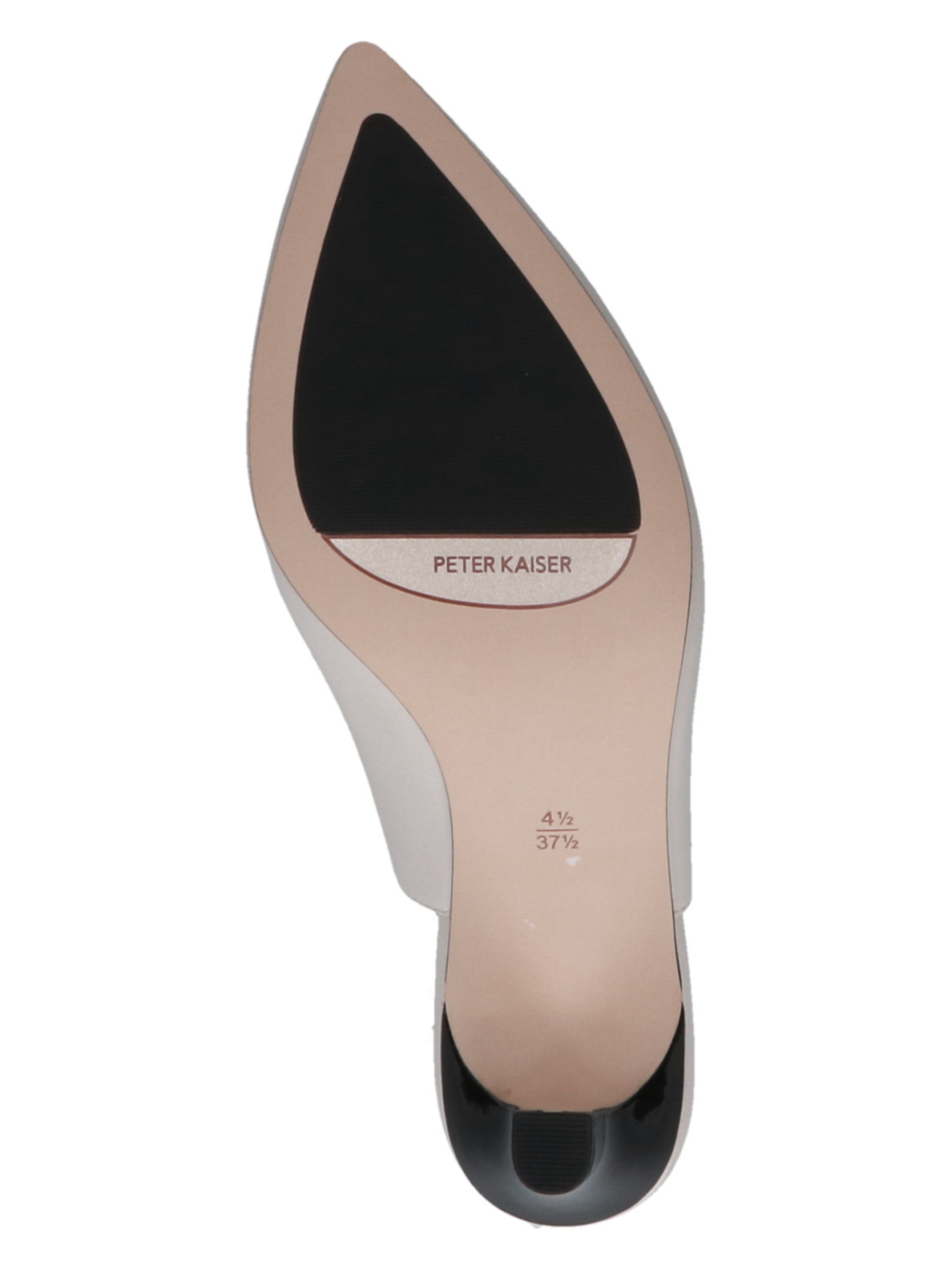 Peter Kaiser 79640 13D off white and black leather women’s slingback heels with pointed toe, buckle fastening and 78mm stiletto heel.