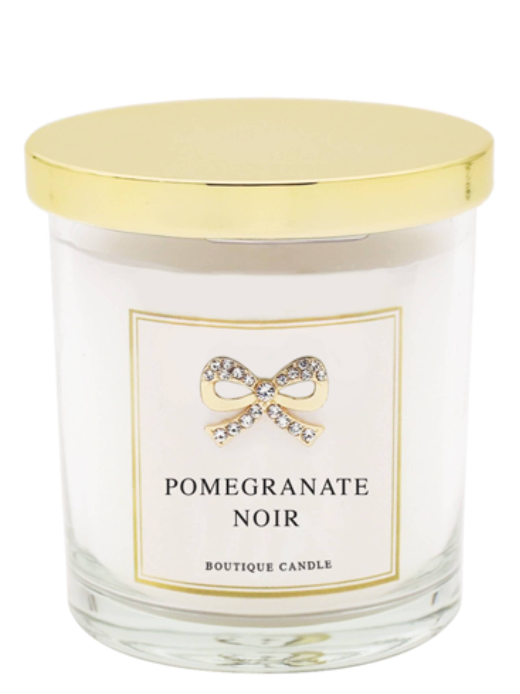 QB25 CAN11 Pomegranate Noir Candle in clear glass with gold lid and diamanté bow embellishment.