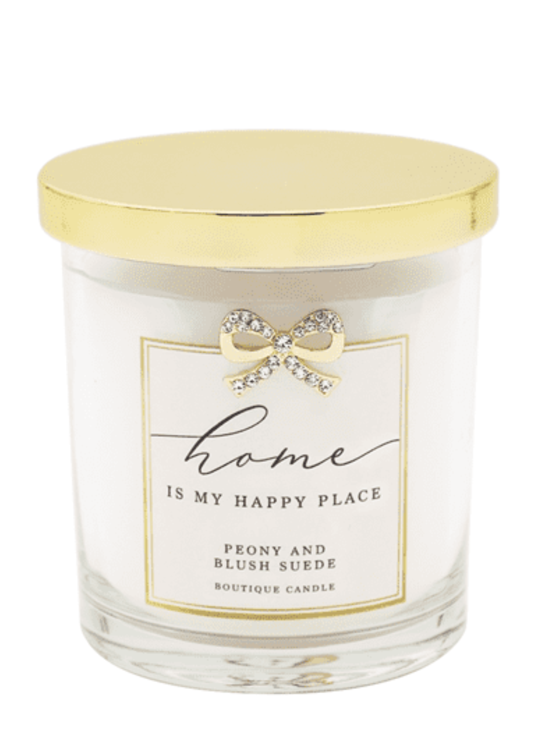 QB25 CAN3 Home Peony & Blush Candle in clear glass with gold lid and diamanté bow embellishment.
