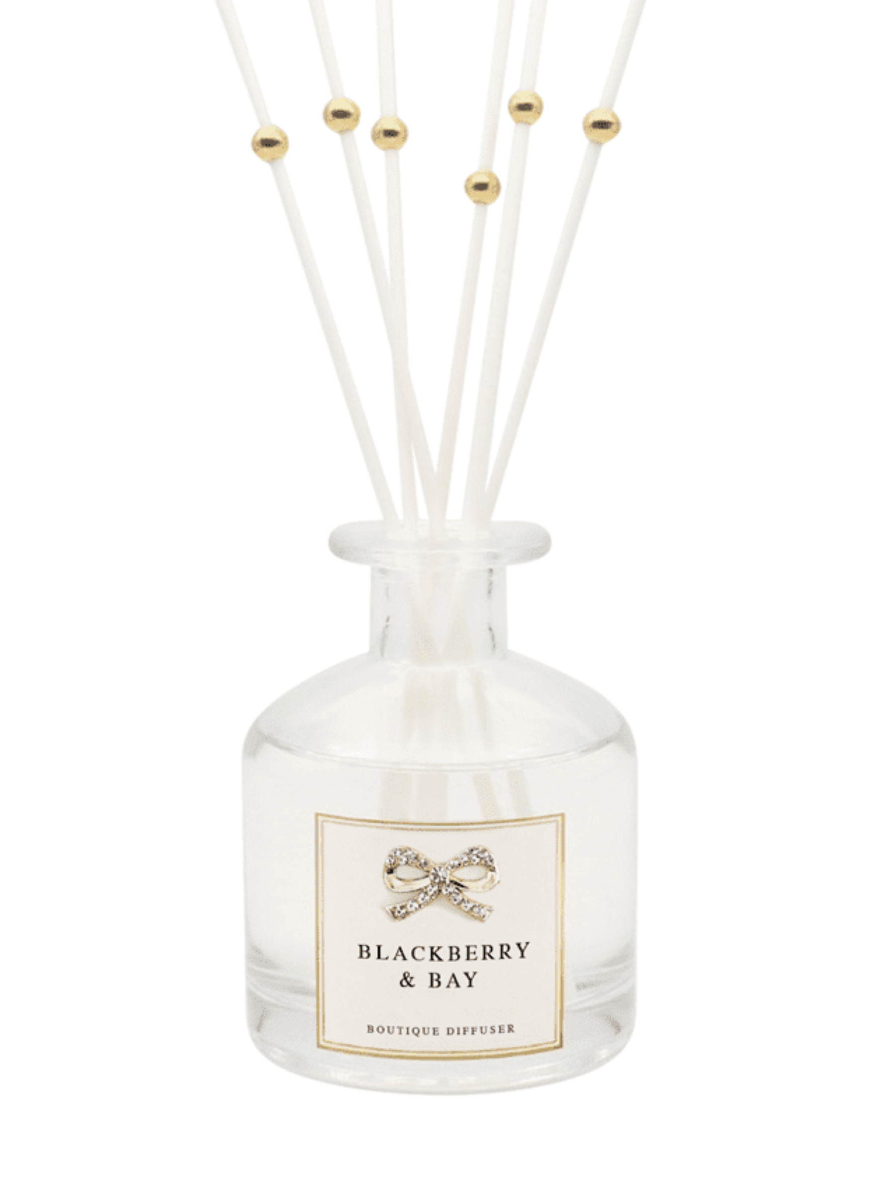 Luxury QB25 DIF9 Blackberry & Bay Diffuser with gold diamanté bow and white reeds, beautifully packaged for a sophisticated home fragrance gift.