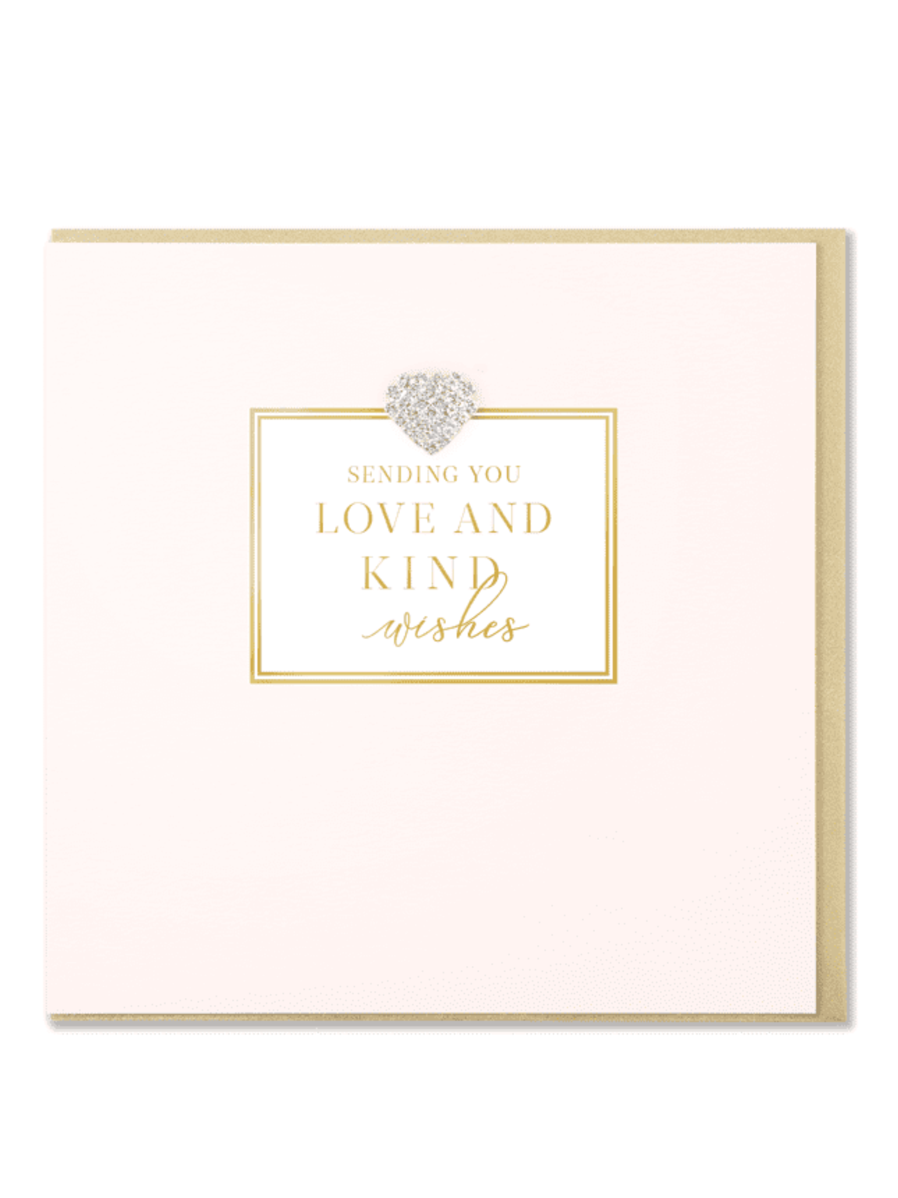 QB25 MD104 Sending Your Love & Kind Wishes Card with blush background, gold foil sentiment and diamanté heart embellishment.