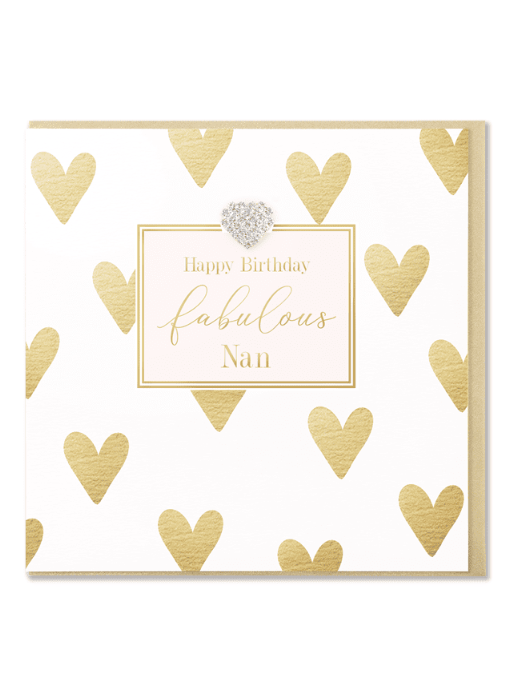 QB25 MD111 Happy Birthday Fabulous Nan Card – luxury gold foil greeting card with diamanté heart embellishment, blank inside and pearlescent gold envelope. Perfect elegant birthday card for Nan.