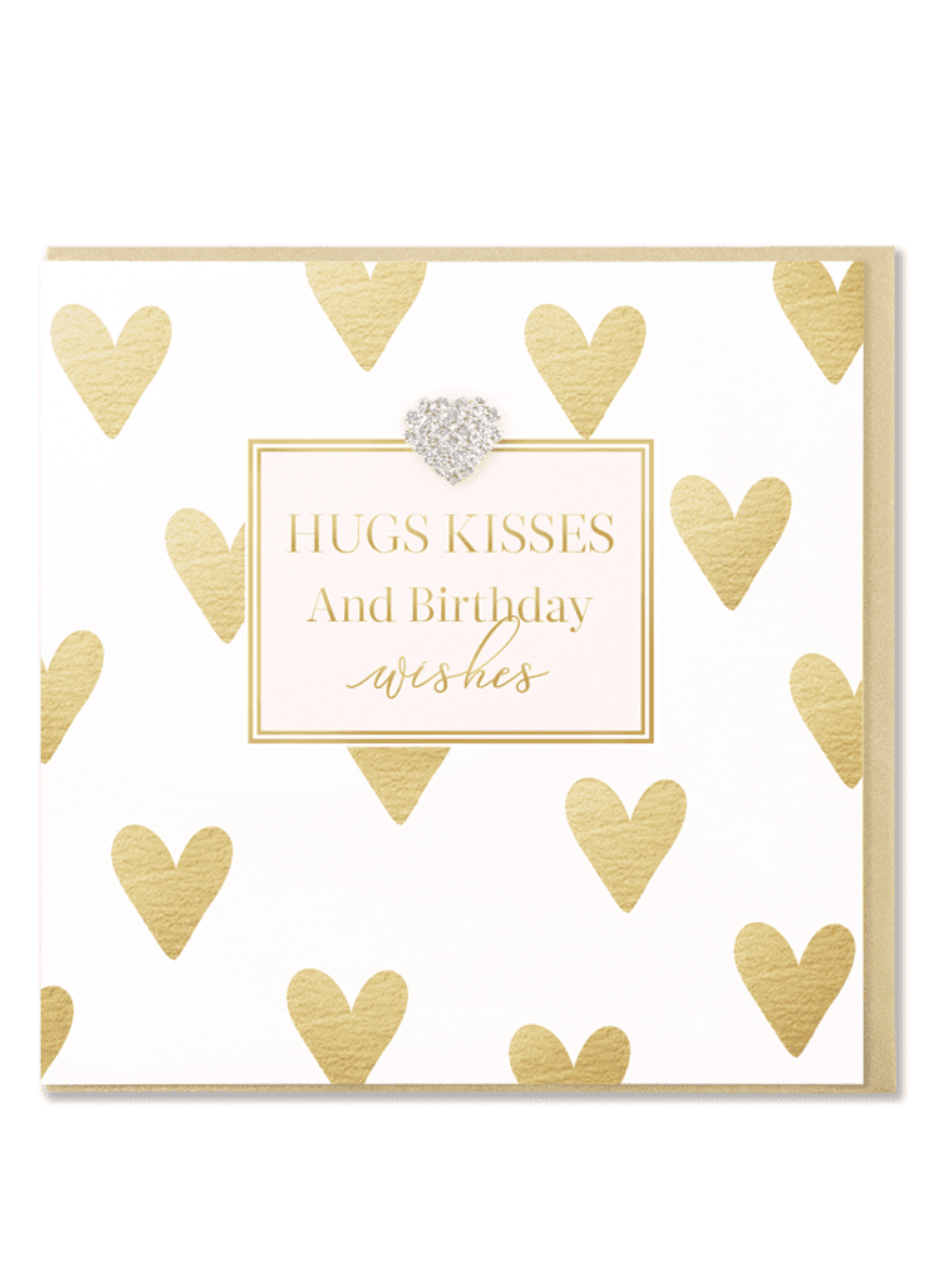 QB25 MD117 Hugs Kisses & Birthday Wishes Card with gold foil hearts, framed gold message and diamanté heart embellishment.