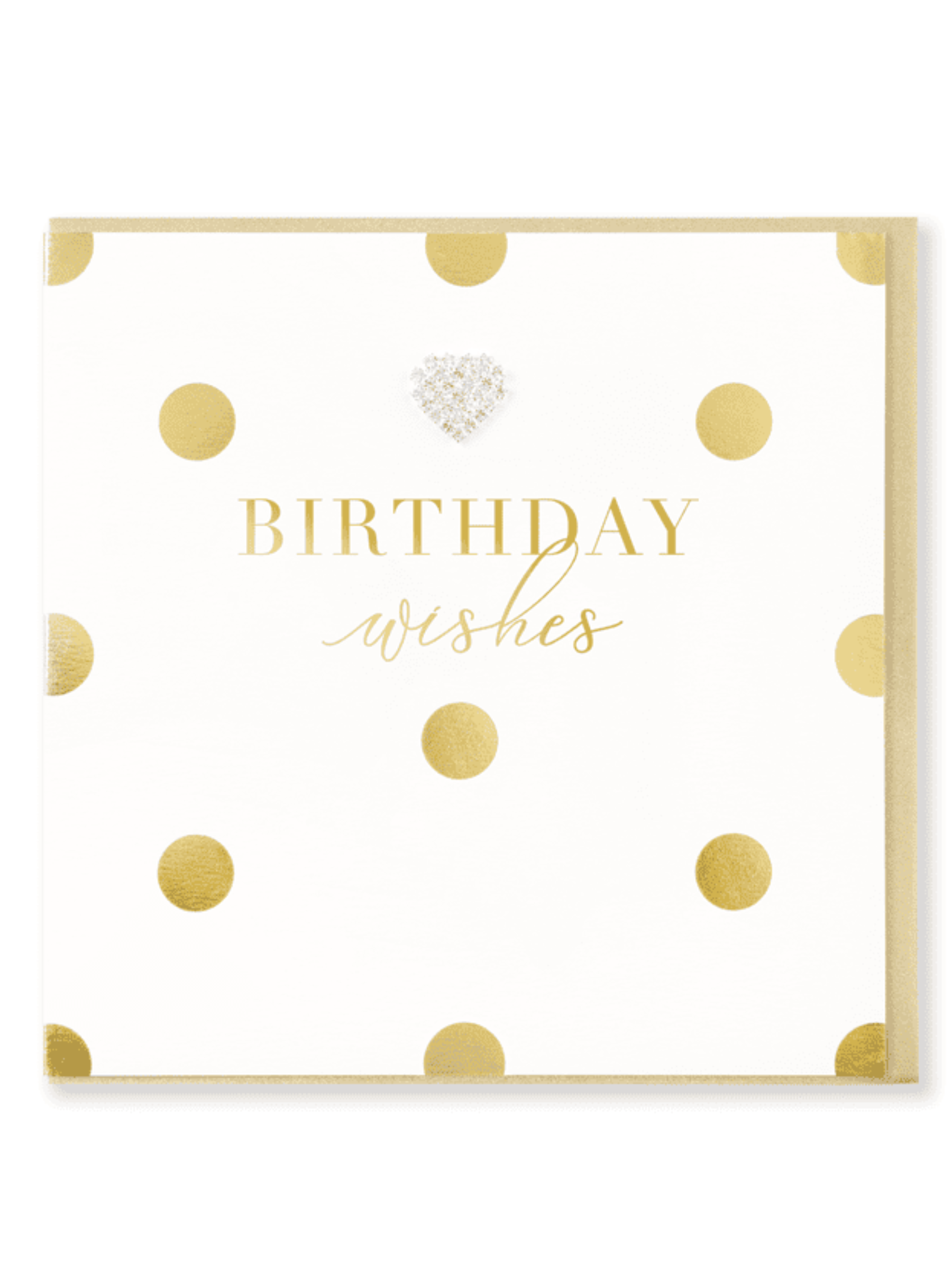 QB25 MD128 Birthday Wishes Card with gold foil polka dots, gold script sentiment and diamanté heart embellishment.