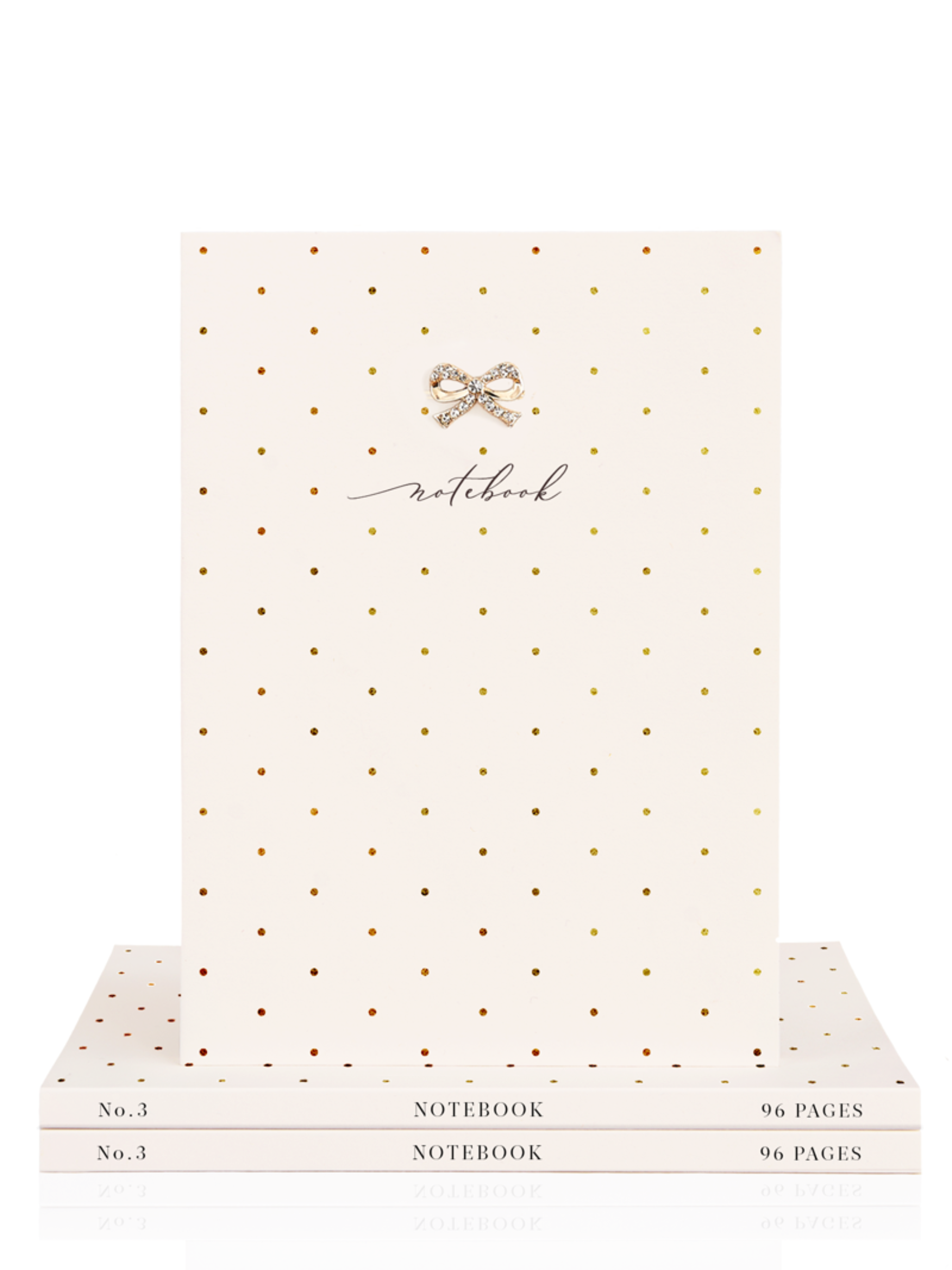 QB25 NB3 Gold Polka Dot A5 Notebook – luxury gold foil notebook with diamanté bow embellishment, FSC-certified paper, and lined and blank pages. Perfect for journaling, note-taking or gifting.