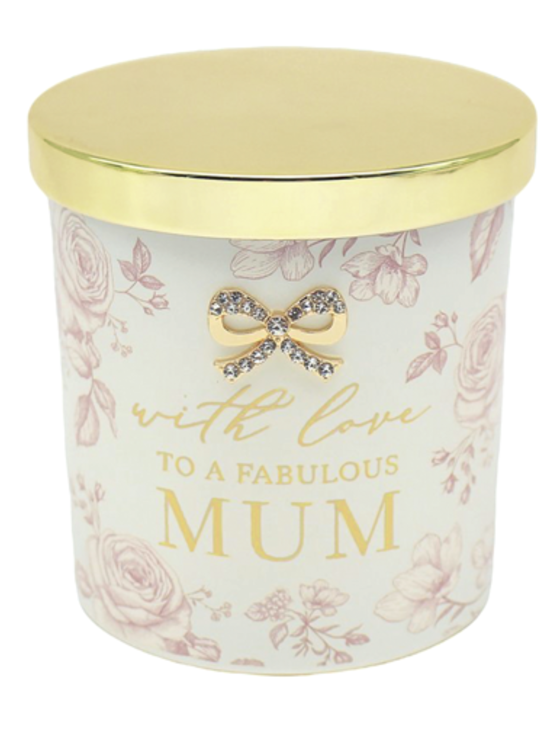 QB26 CAN13 Mum Peony & Blush soy wax candle in decorative glass jar with gold diamanté bow and matching gift box.
