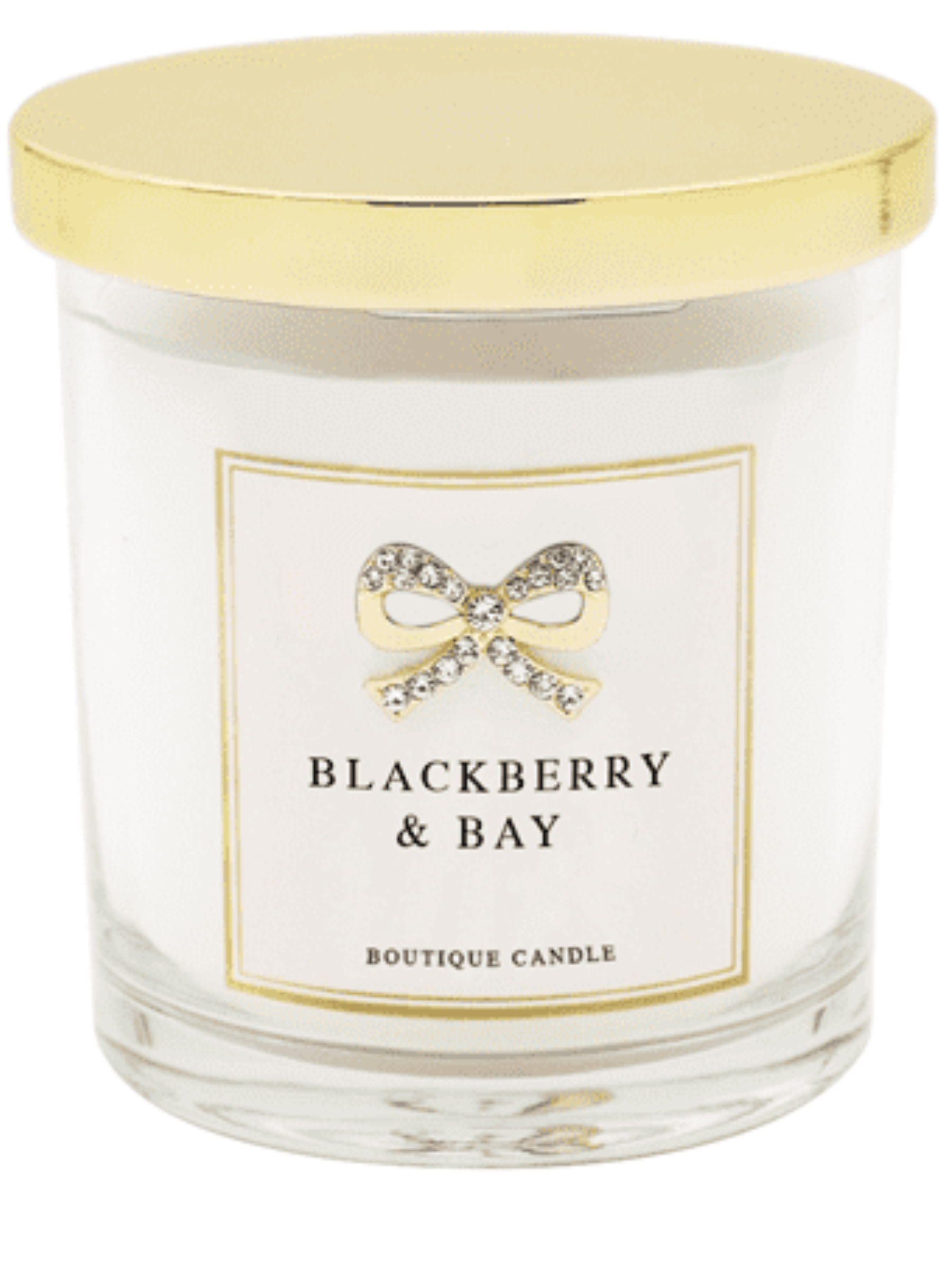QB26 CAN9 Blackberry & Bay Candle in glass jar with gold lid, diamante bow detail and matching gift box