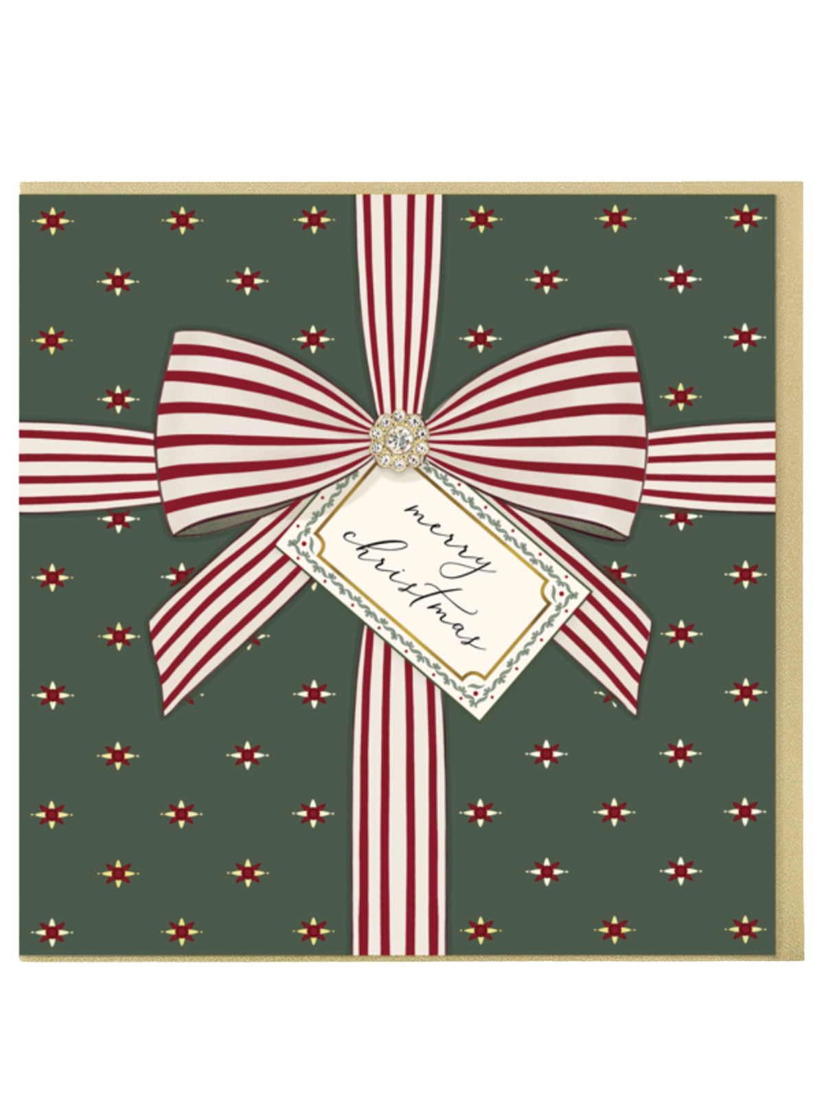 QB26 LRC11 Merry Christmas Card featuring a present-inspired design with a large bow, diamanté jewel detail and Merry Christmas gift tag.