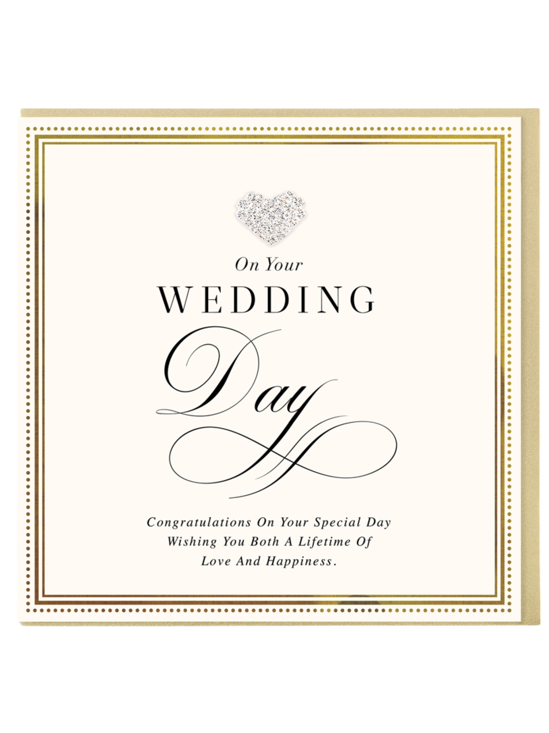 QB26 MDL38 On Your Wedding Day Card with gold foil border, script text and diamanté heart jewel