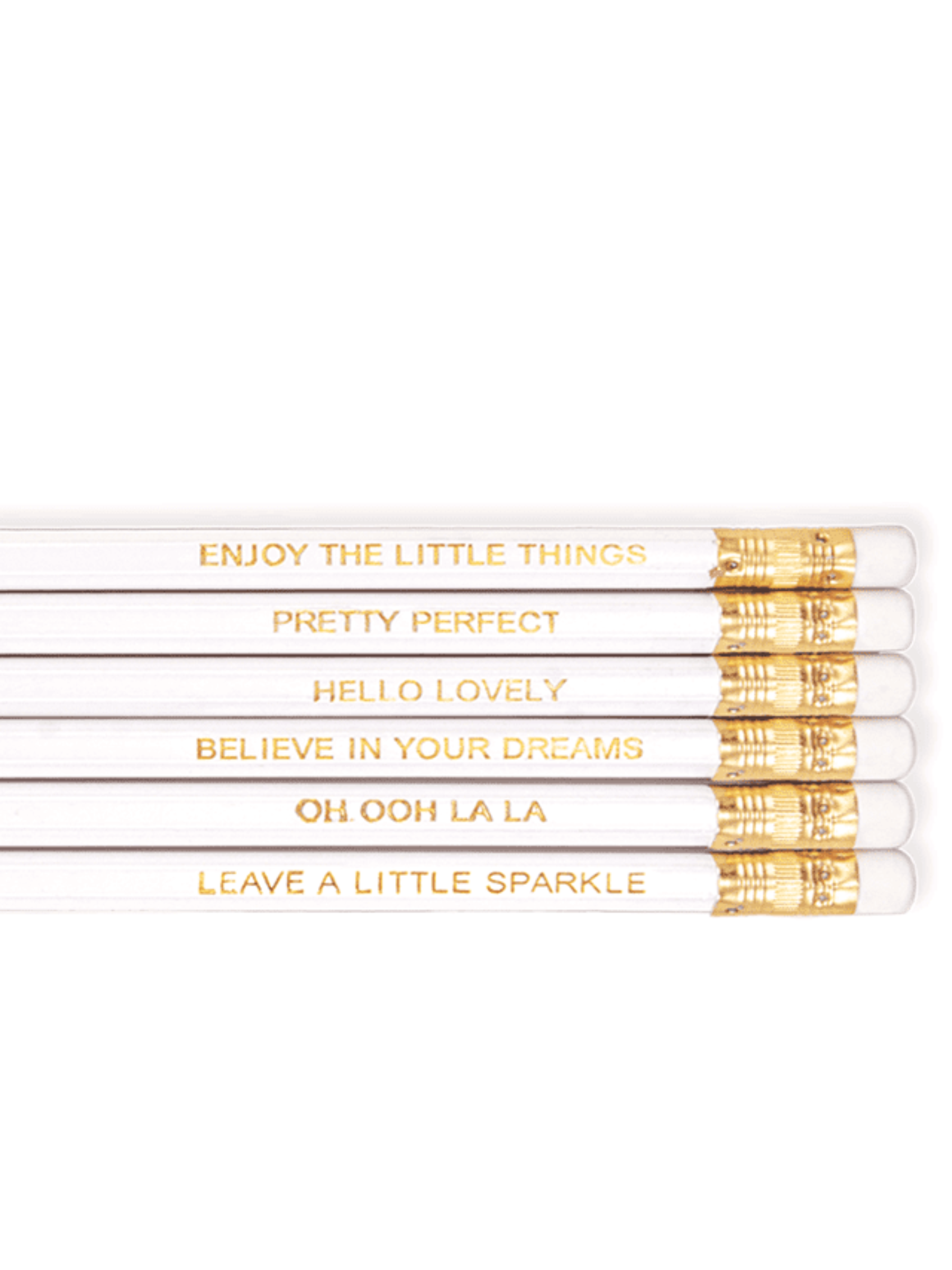 QB26 PP01 Pretty Perfect Pack Of 6 Pencils luxury white graphite pencil set with gold foil motivational wording and white erasers.