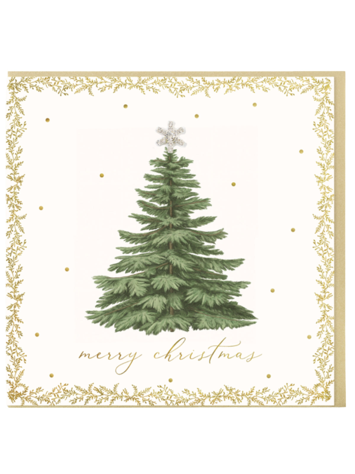 QB26 WW12 Merry Christmas Card featuring a Christmas tree illustration, foil detailing and a sparkling diamanté snowflake topper.