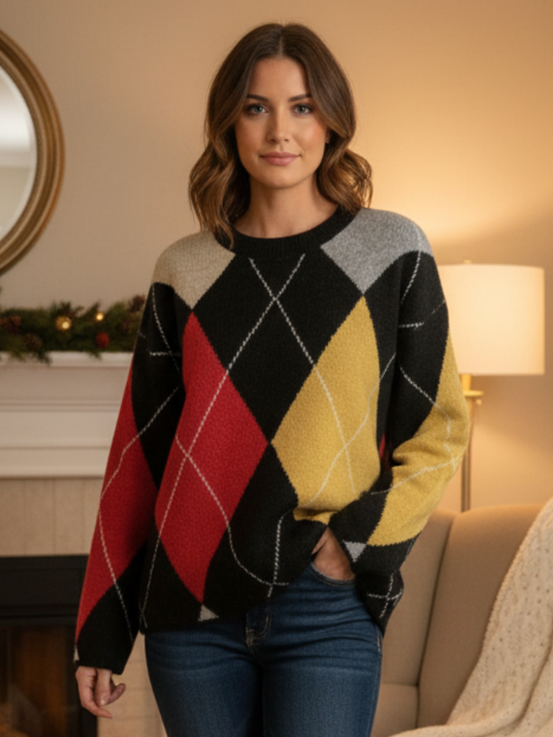 QBAW25 BC Amelia Black Argyle Jumper with multi-colour argyle pattern and relaxed fit